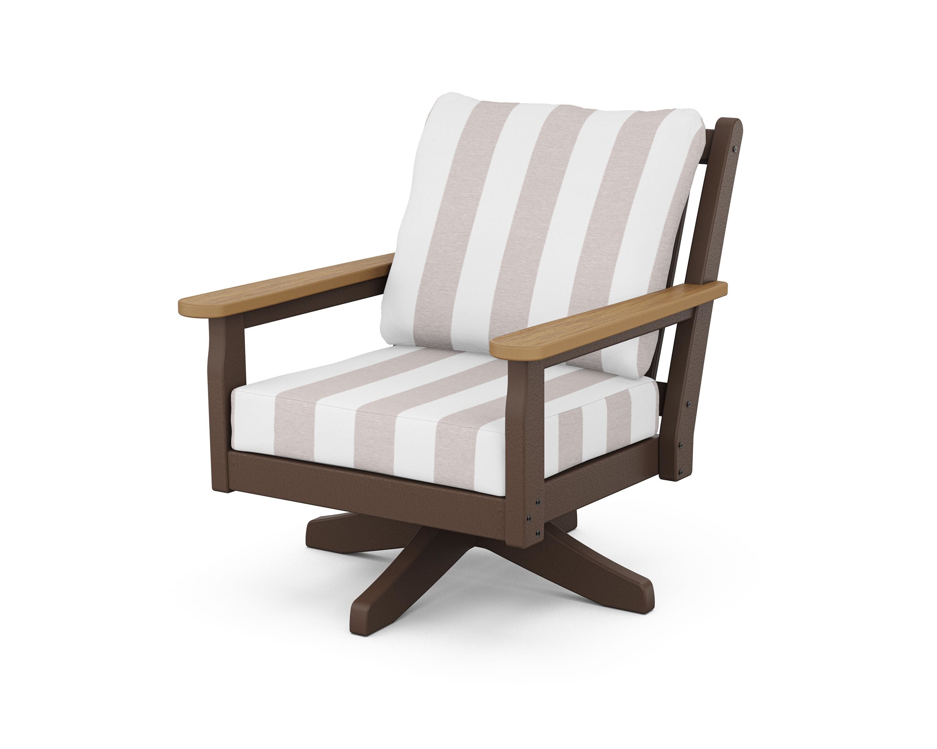 Chippendale Deep Seating Swivel Chair in Mahogany / Natural / Cabana Stripe Dune Burlap