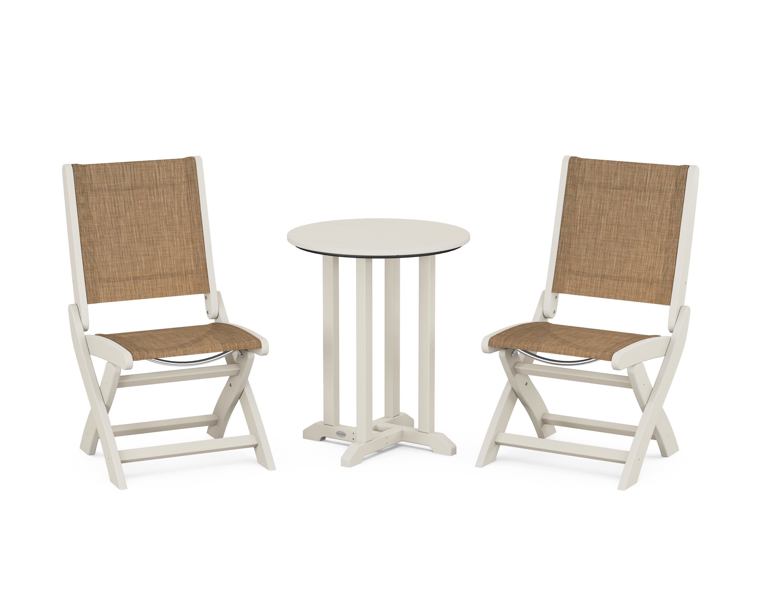 Coastal Folding Side Chair 3-Piece Round Bistro Dining Set in Sand / Burlap Sling