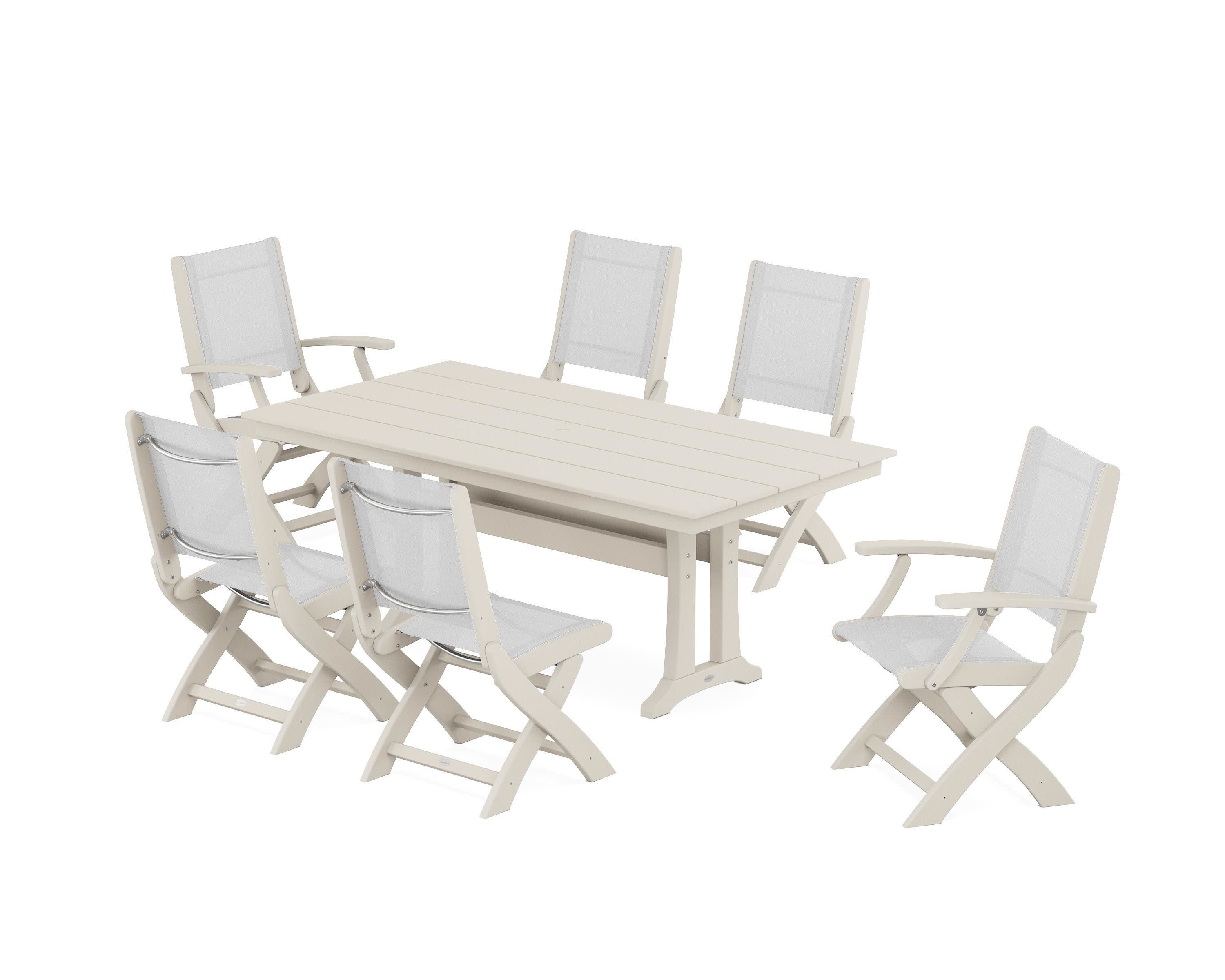 Coastal Folding Chair 7-Piece Farmhouse Dining Set with Trestle Legs in Sand / White Sling