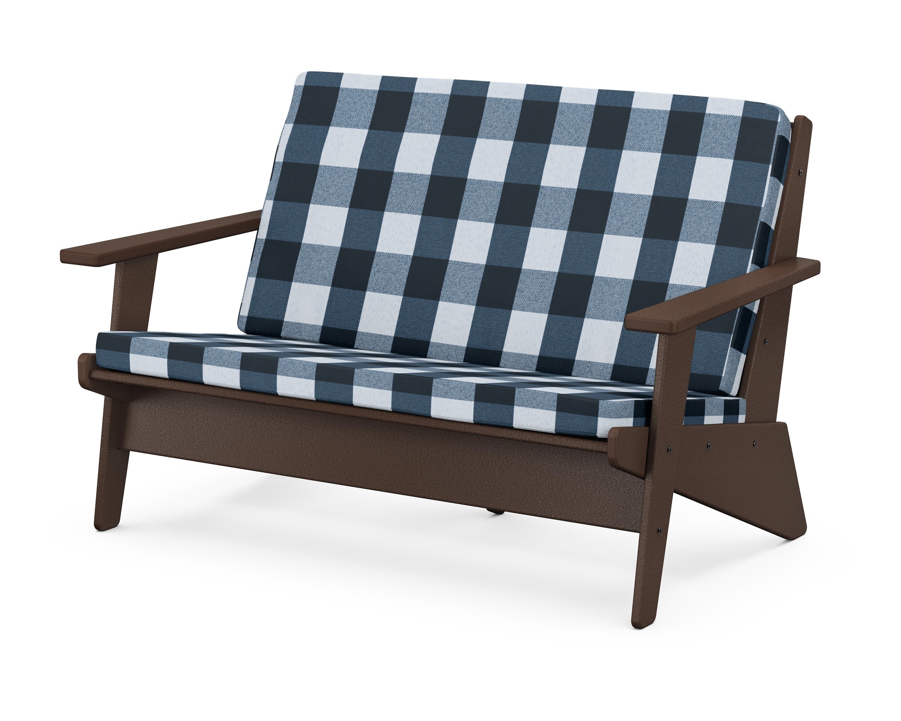 Riviera Modern Lounge Loveseat in Mahogany / Buffalo Plaid Marine Indigo