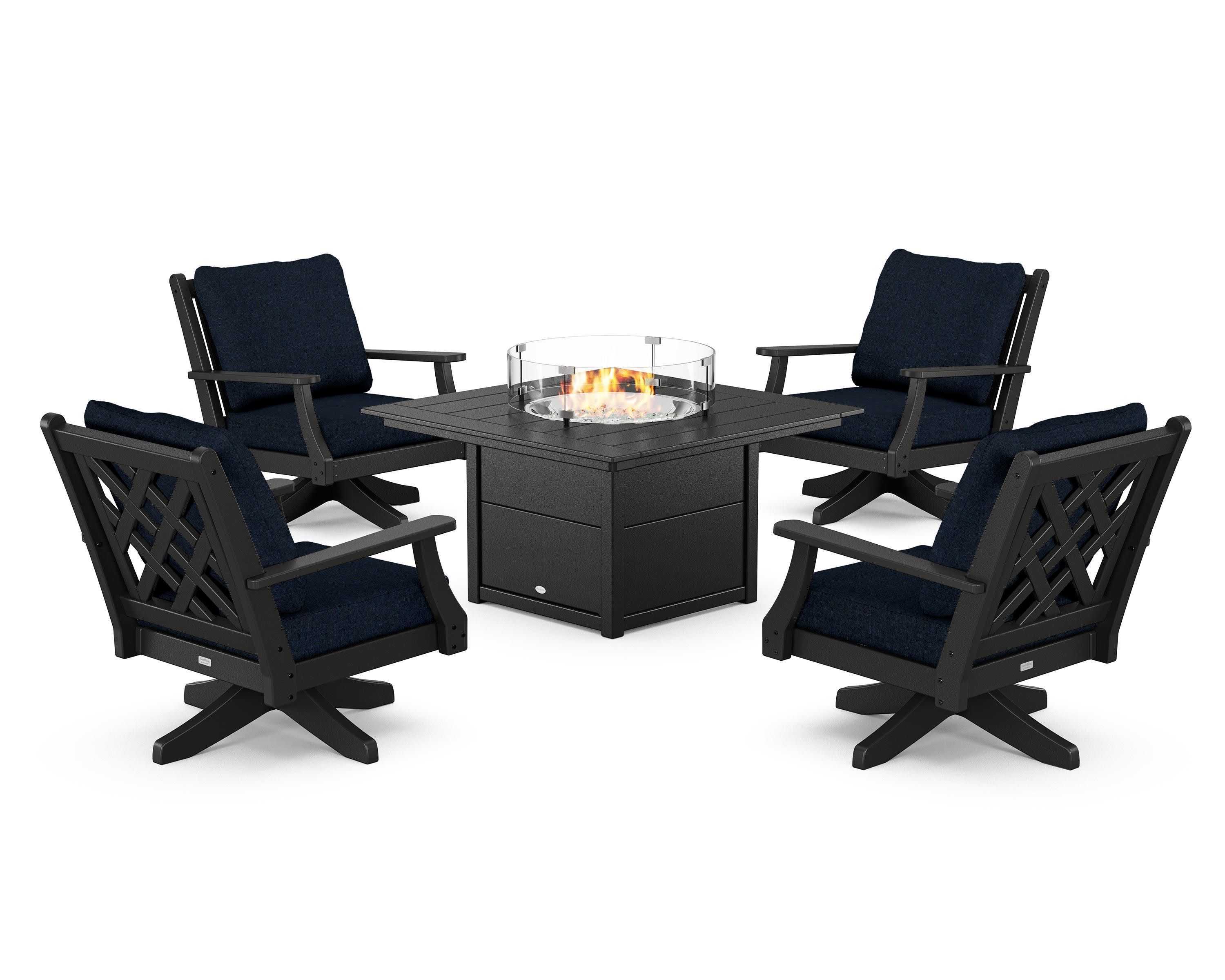 Wovendale 5-Piece Deep Seating Swivel Conversation Set with Fire Pit Table in Black / Marine Indigo