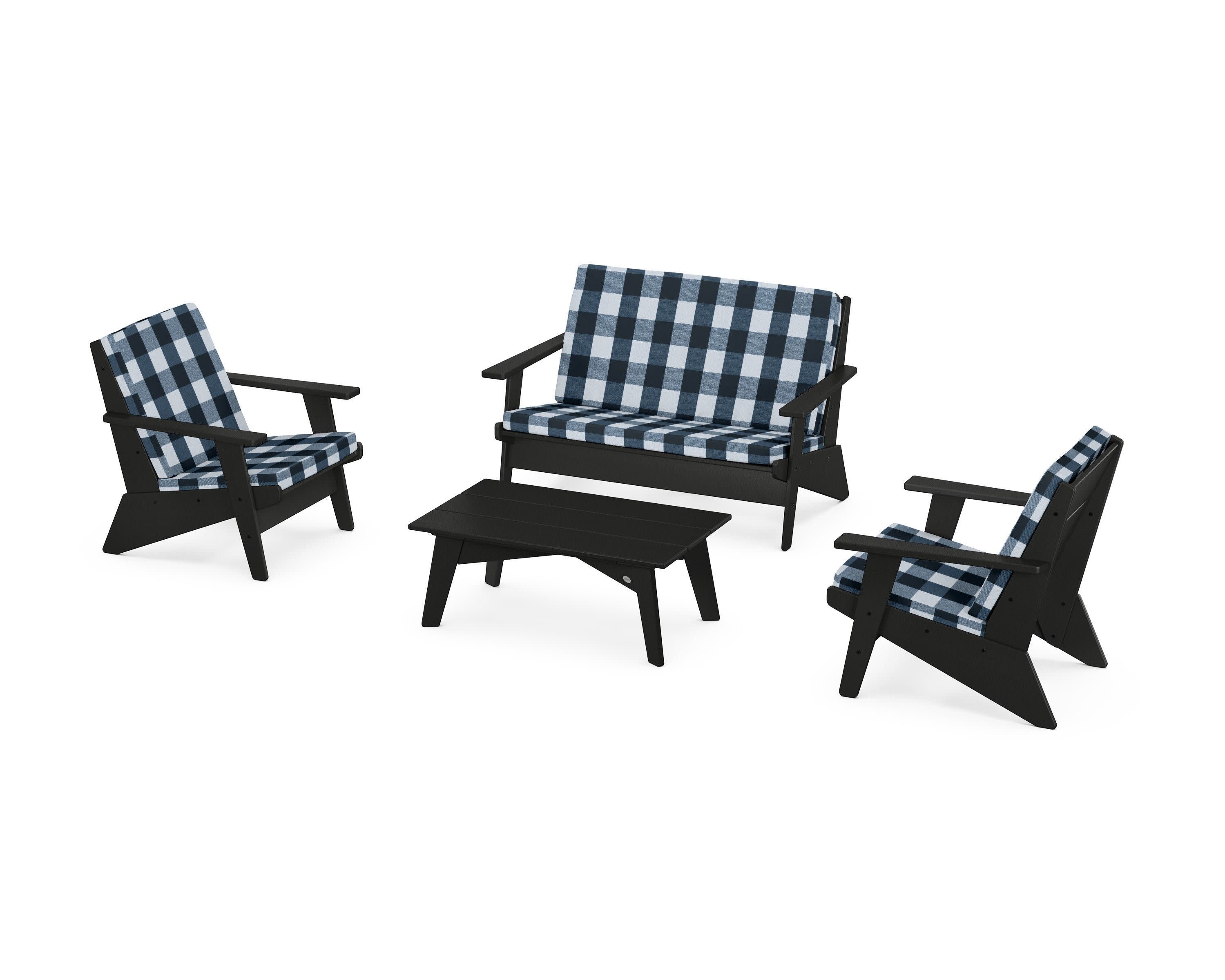 Riviera Modern Lounge 4-Piece Set in Black / Buffalo Plaid Marine Indigo
