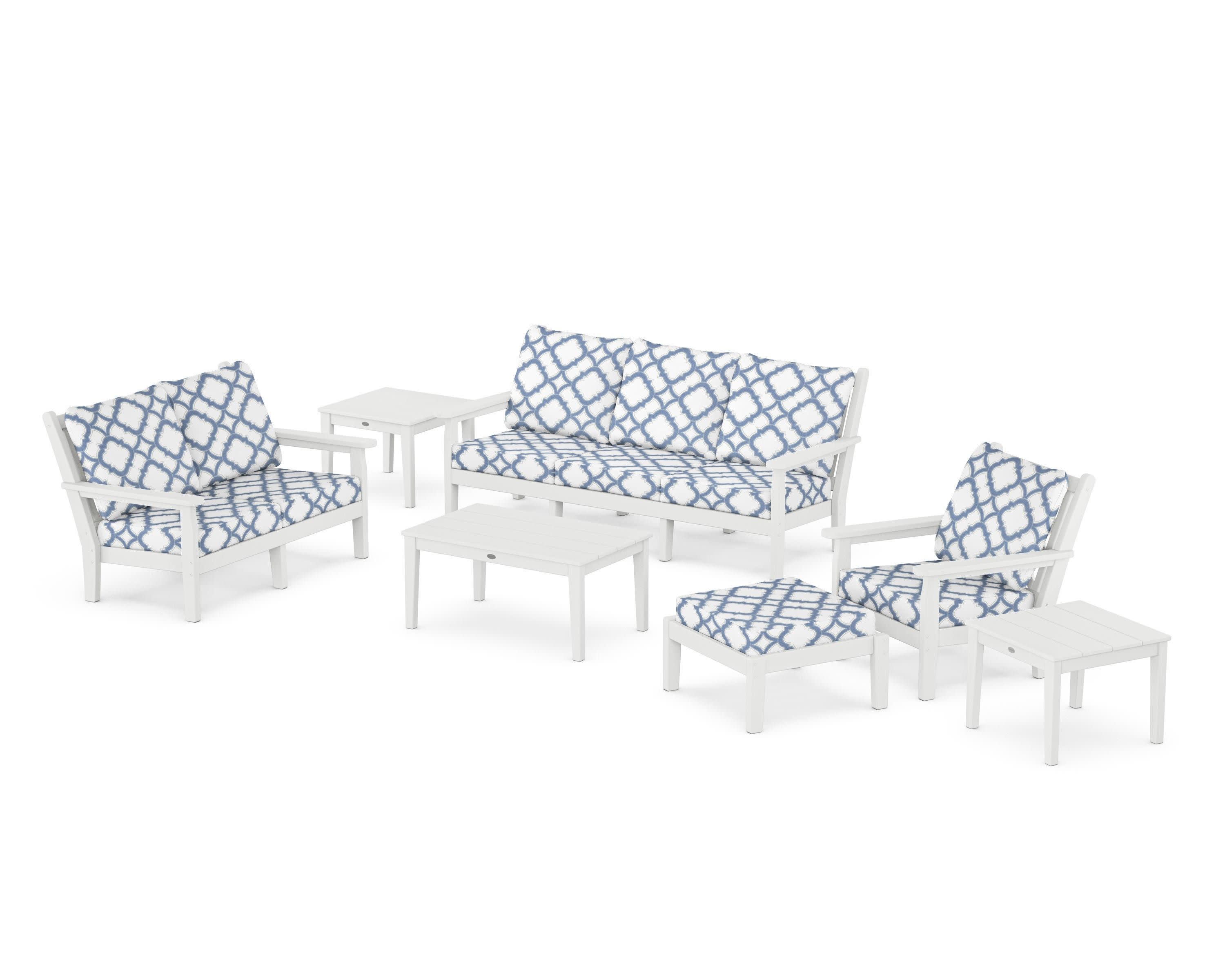 Chippendale 7-Piece Deep Seating Set in White / Trellis Sky Blue