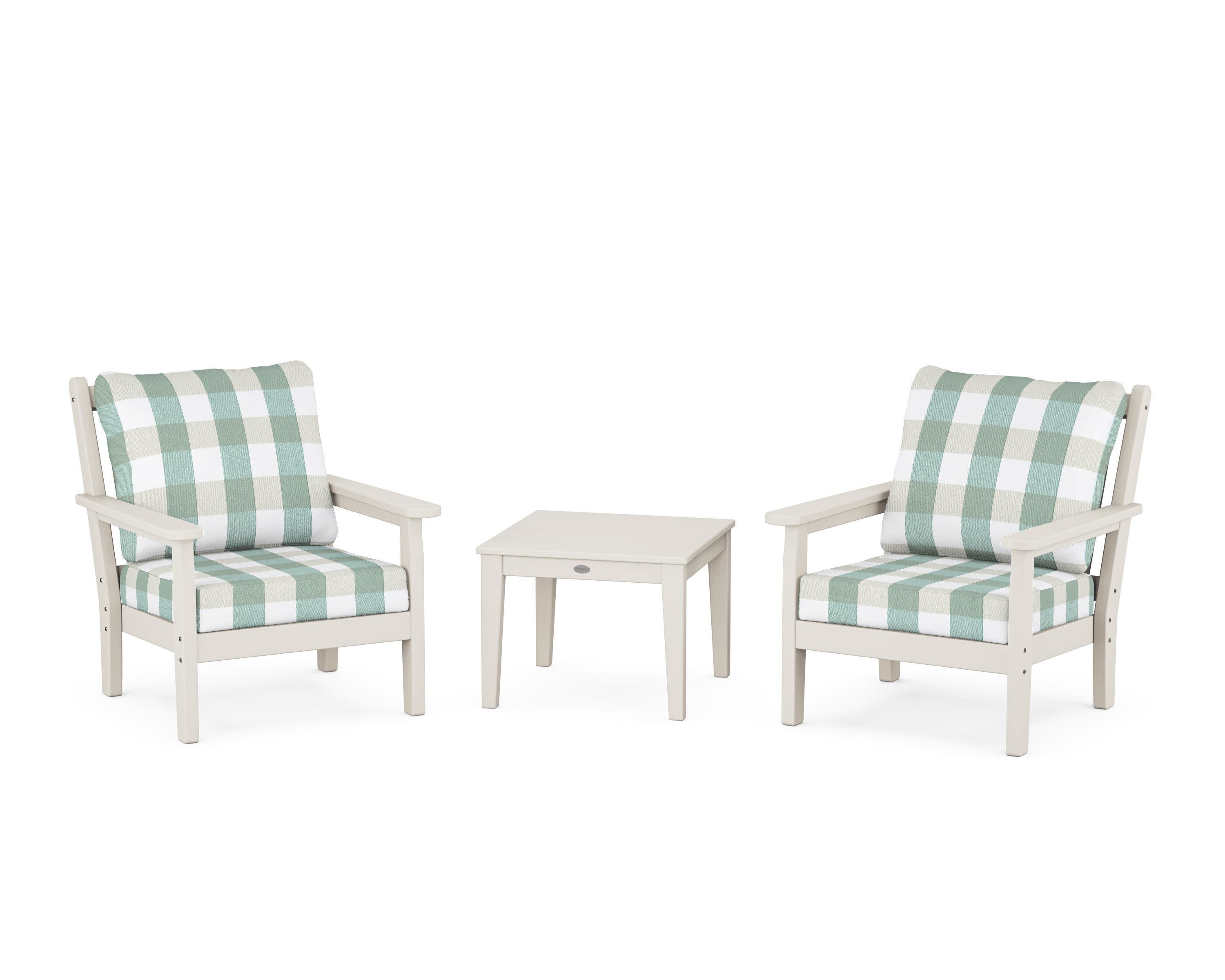 Chippendale 3-Piece Deep Seating Set in Sand / Buffalo Plaid Glacier Spa