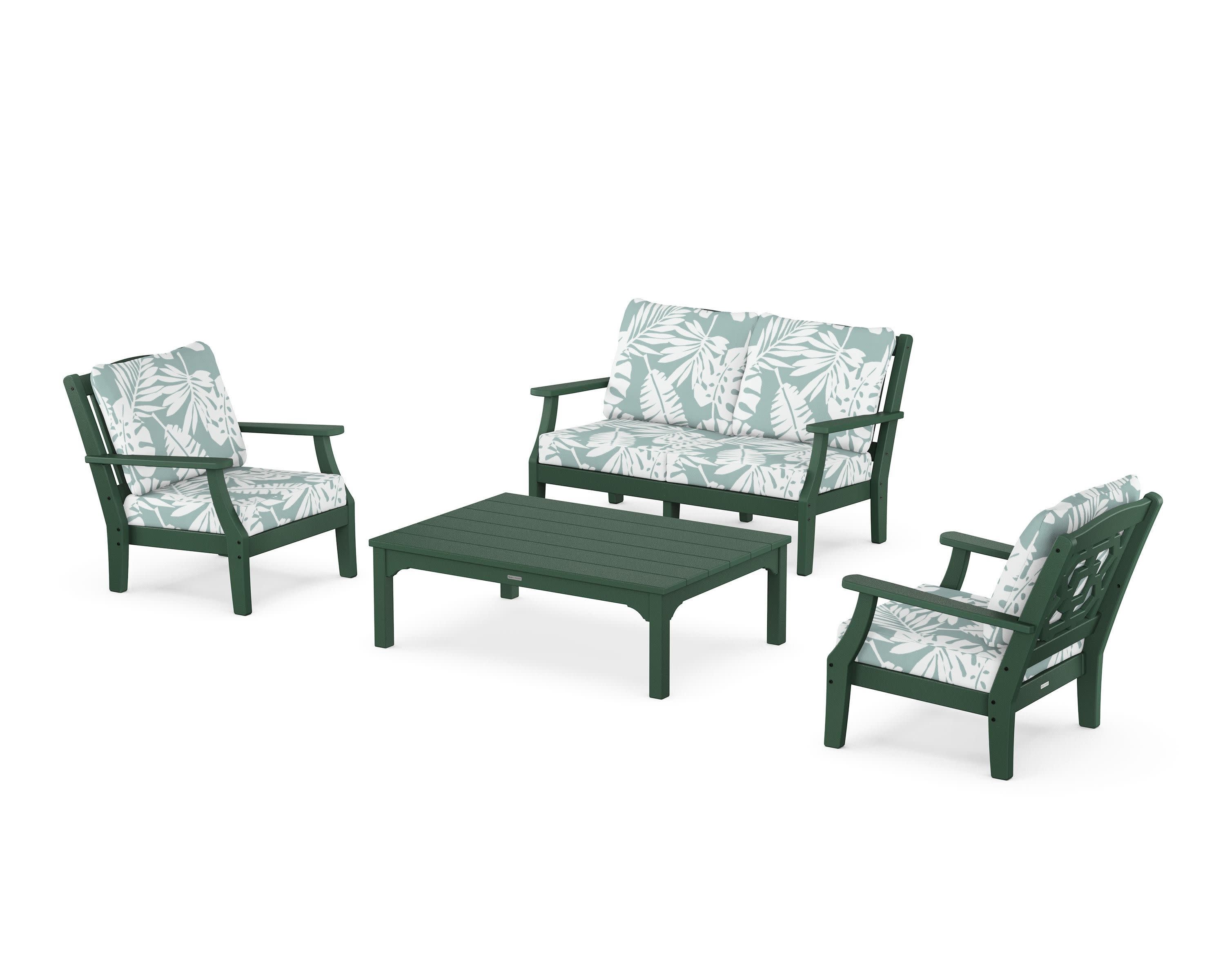 Chinoiserie 4-Piece Deep Seating Set with Loveseat in Green / Leaf Glacier Spa
