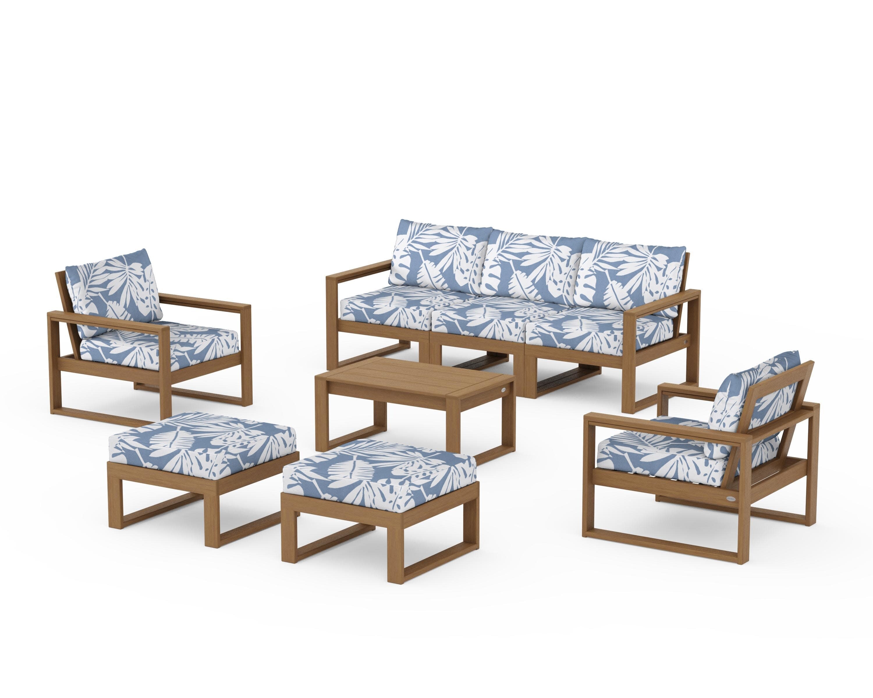 EDGE Sectional 8-Piece Lounge Sofa Set in Natural / Leaf Sky Blue