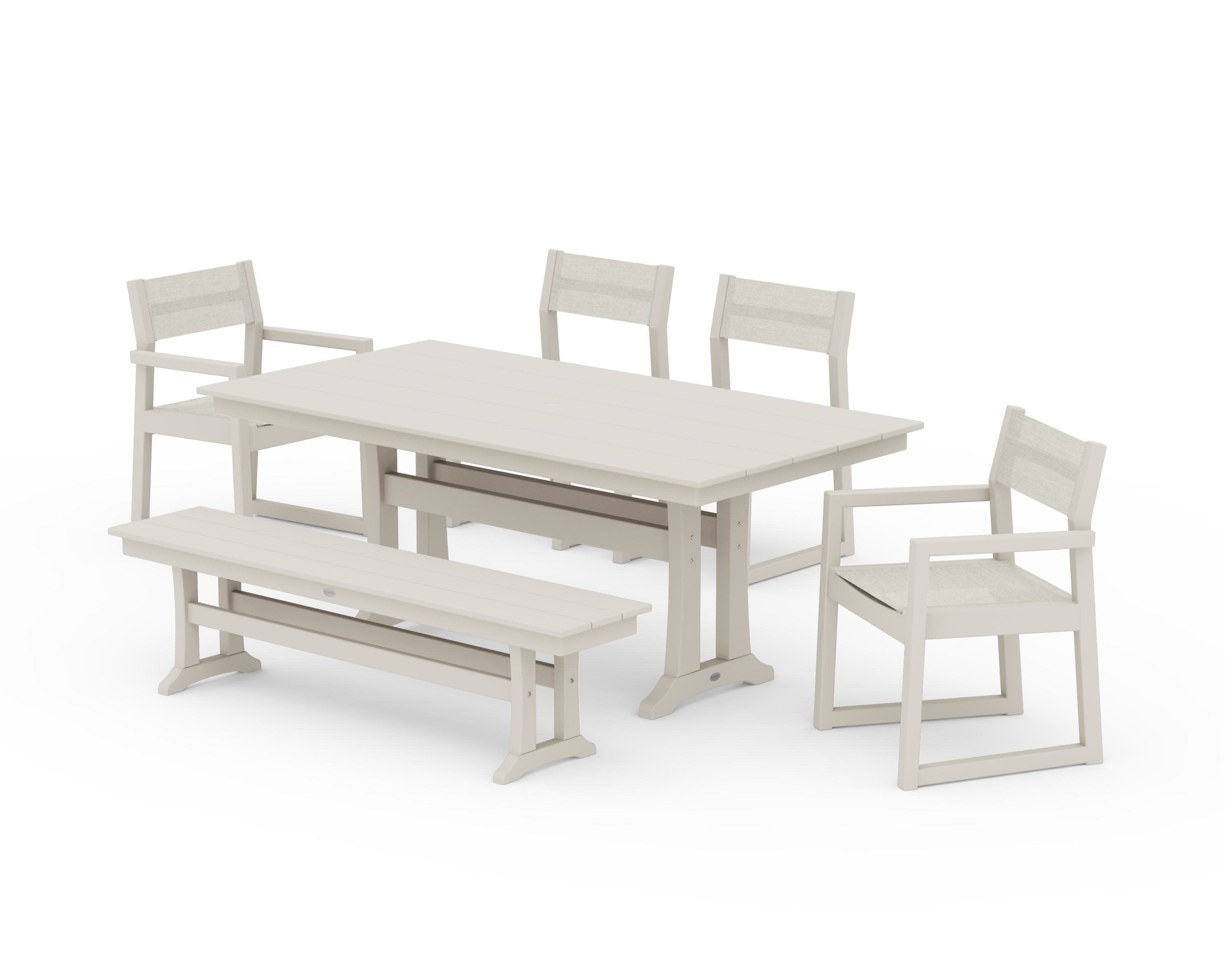EDGE Sling 6-Piece Farmhouse Dining Set With Trestle Legs in Sand / Parchment Sling