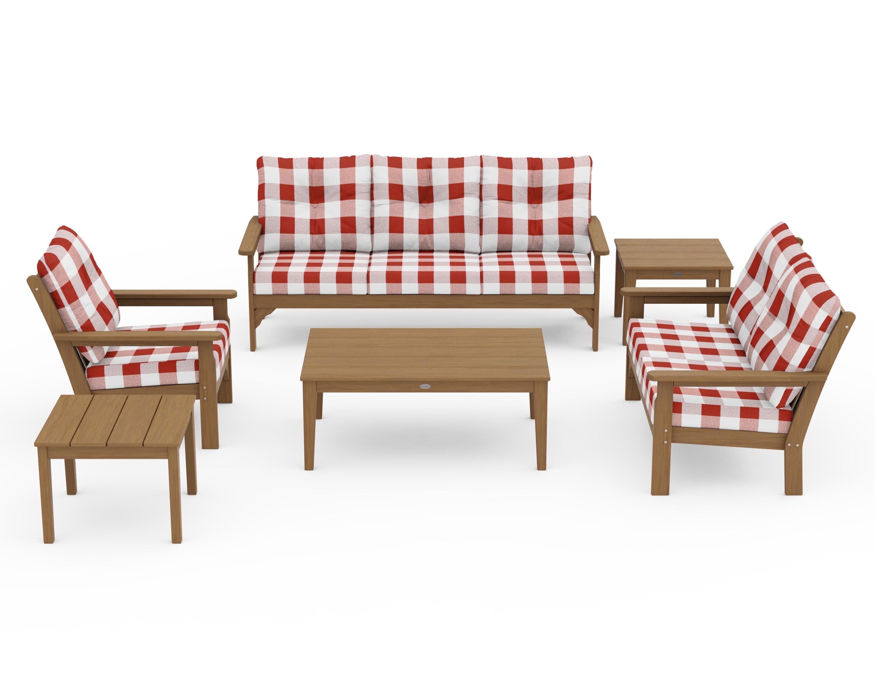 Vineyard 6-Piece Deep Seating Set in Natural / Buffalo Plaid Crimson