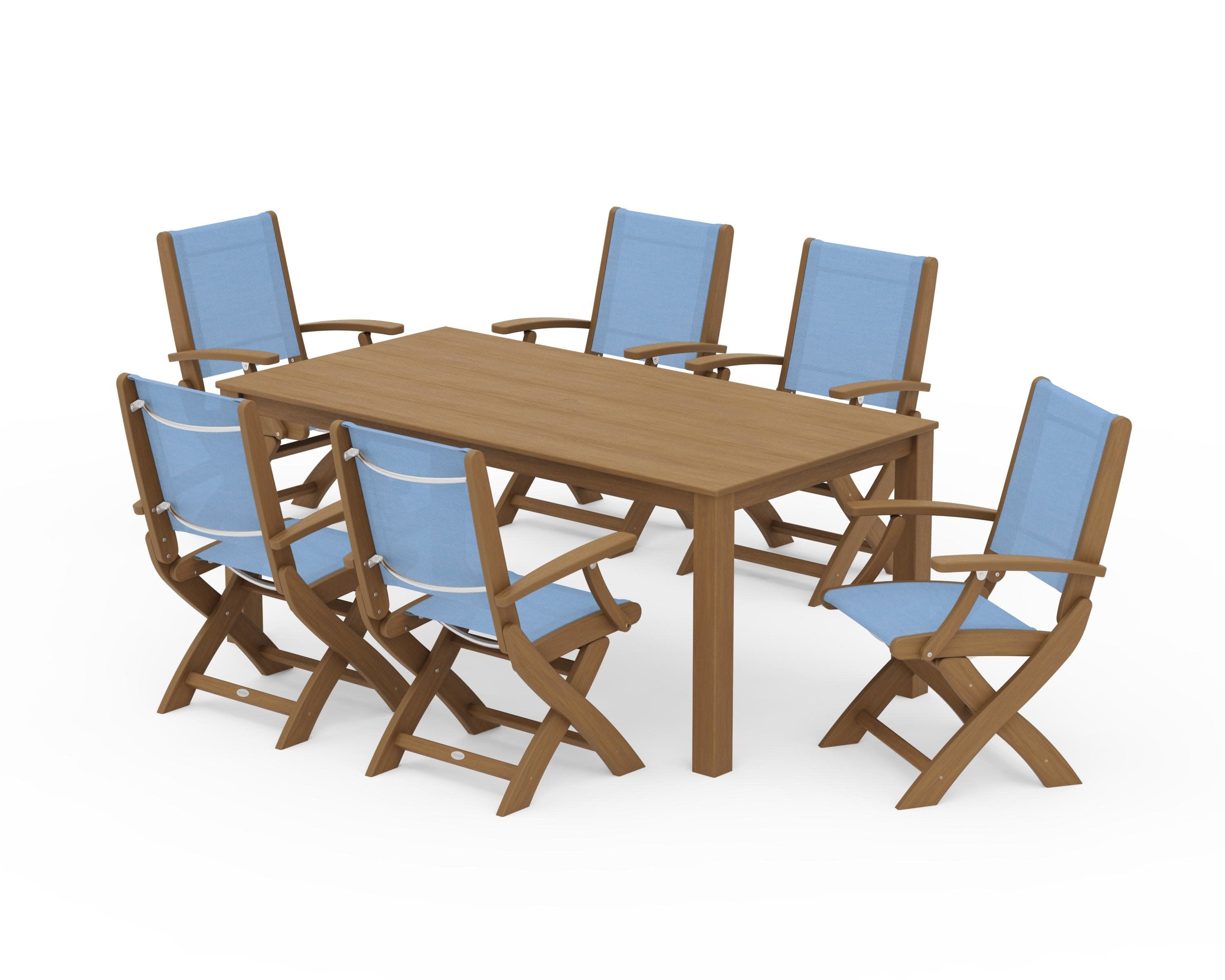Coastal Folding Chair 7-Piece Parsons Dining Set in Natural / Poolside Sling