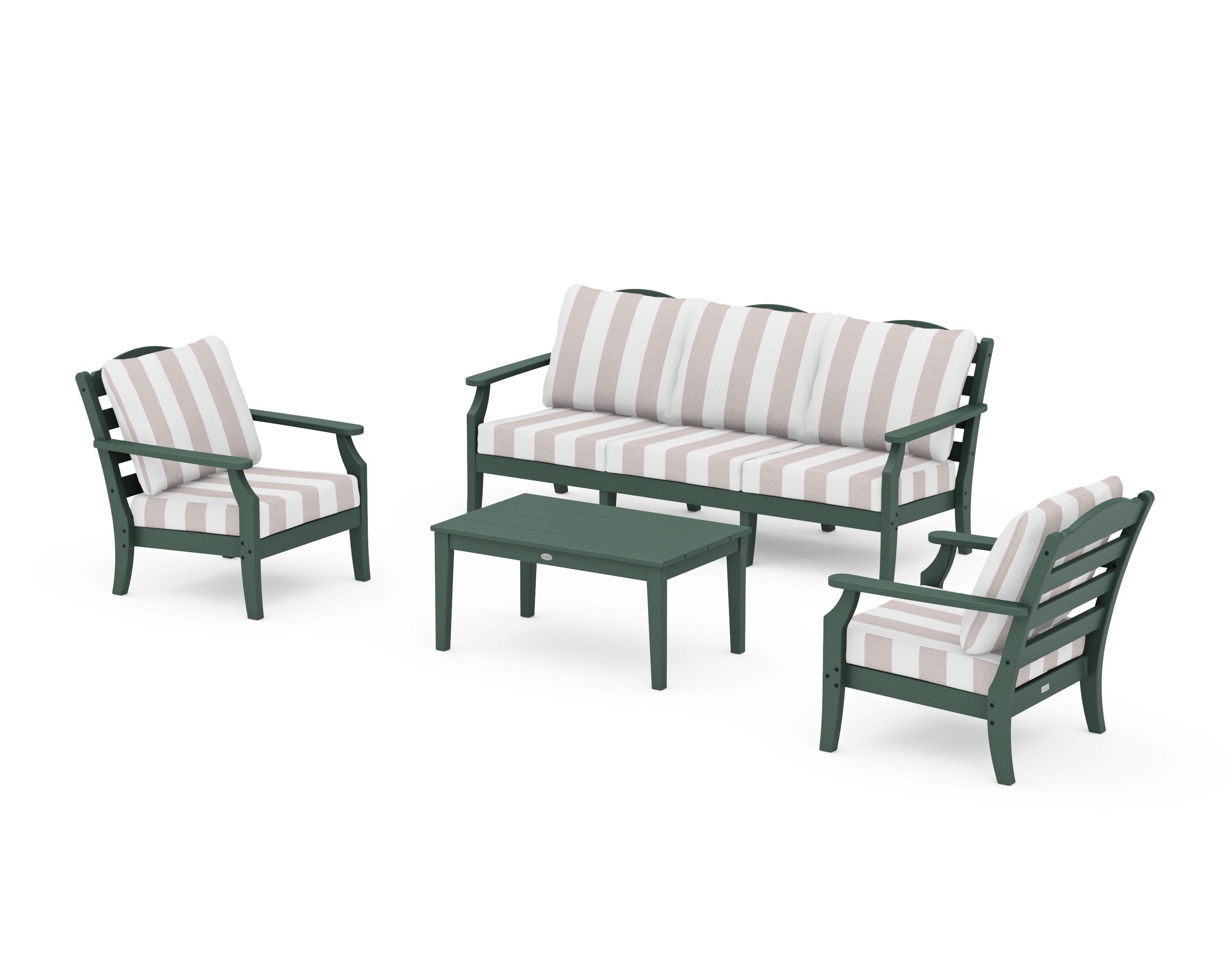 Savannah 4-Piece Deep Seating Set with Sofa in Green / Cabana Stripe Dune Burlap