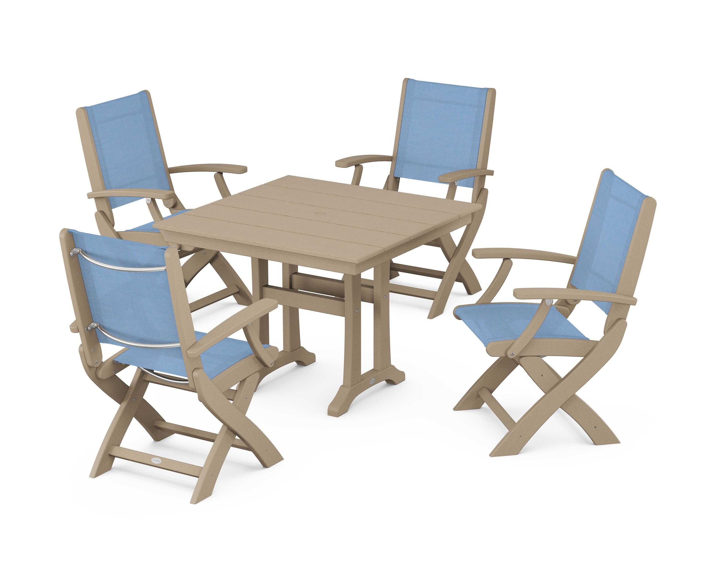 Coastal Folding Chair 5-Piece Farmhouse Dining Set With Trestle Legs in Vintage Sahara / Poolside Sling