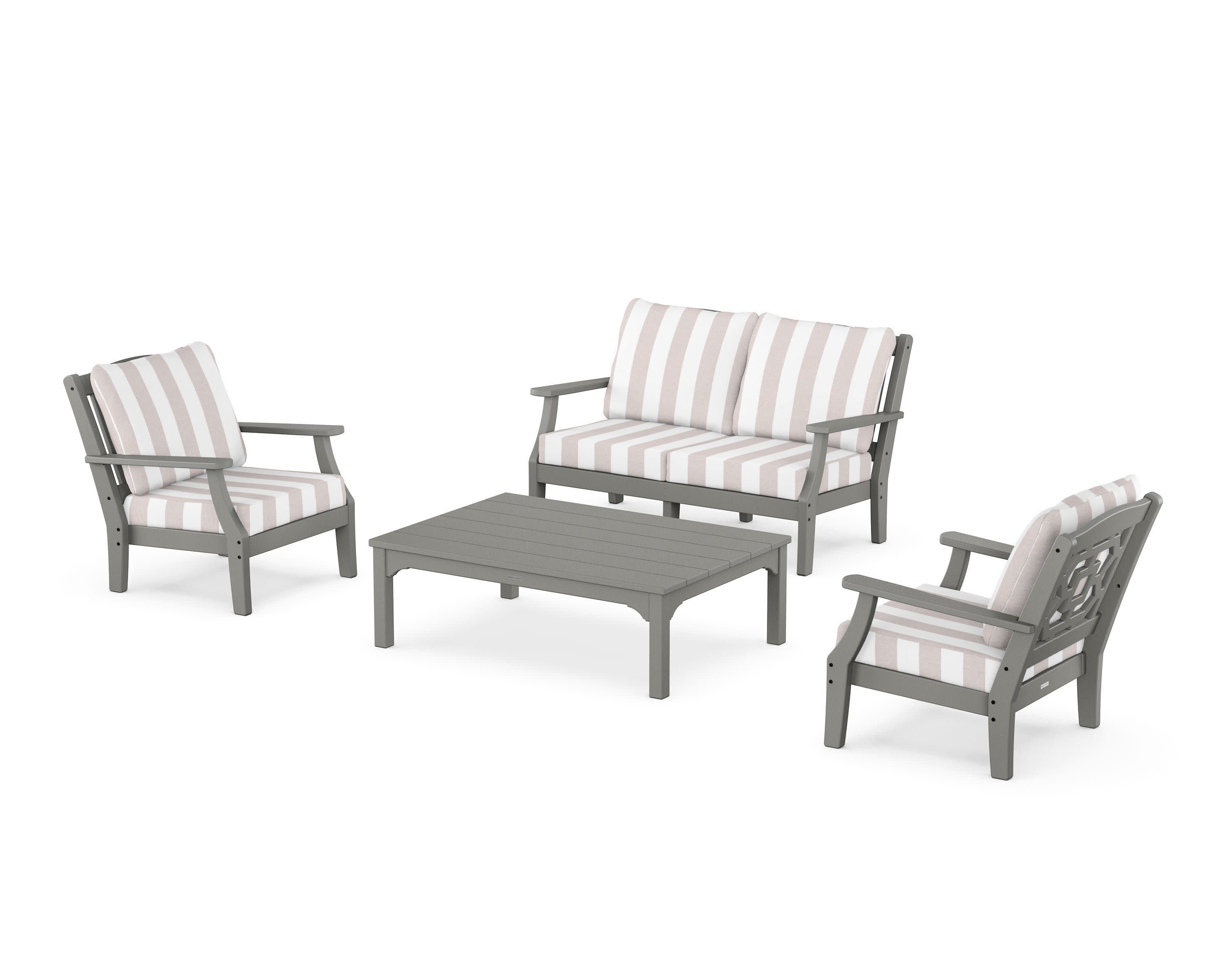 Chinoiserie 4-Piece Deep Seating Set with Loveseat in Slate Grey / Cabana Stripe Dune Burlap
