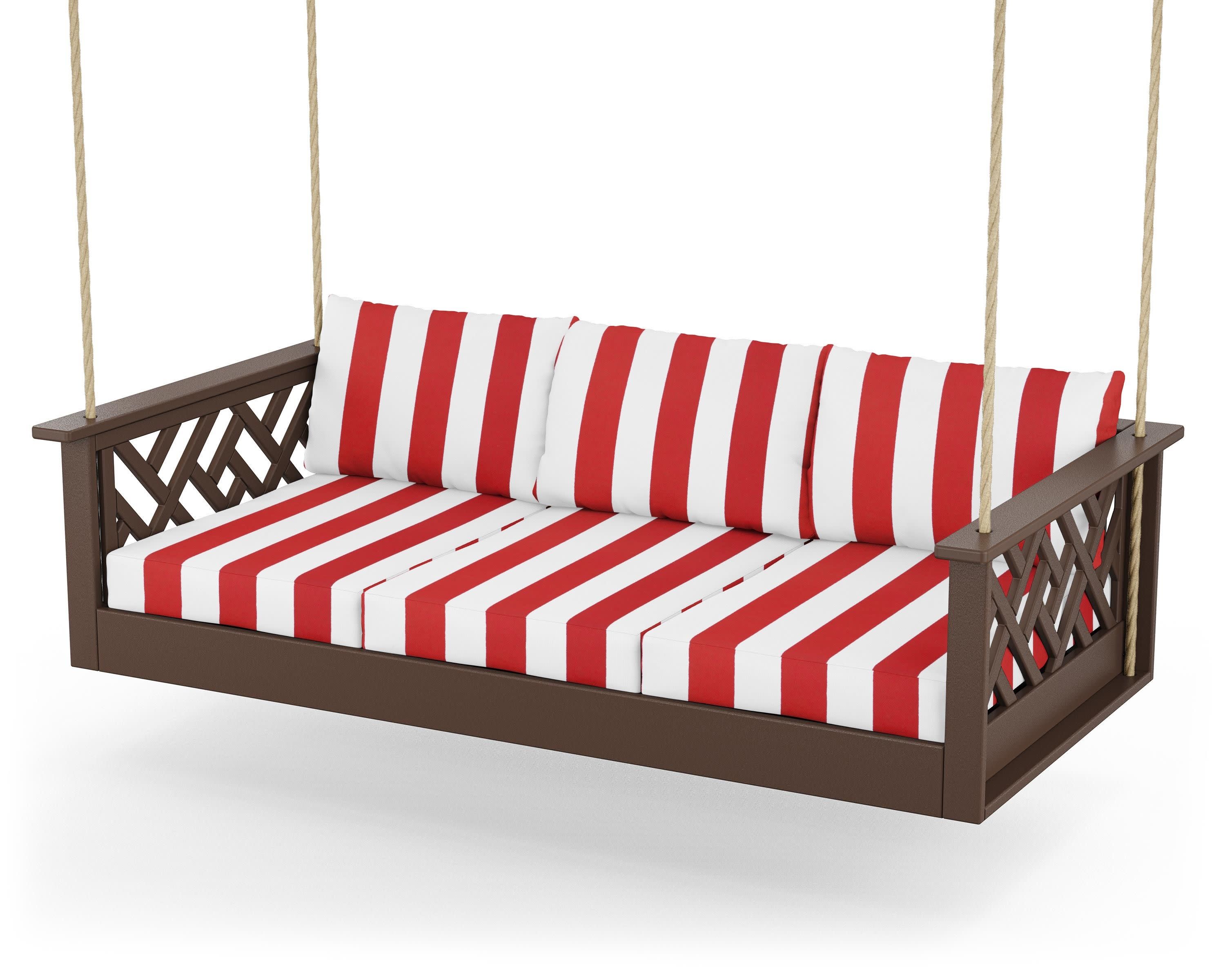 Chippendale Daybed Swing in Mahogany / Cabana Stripe Crimson