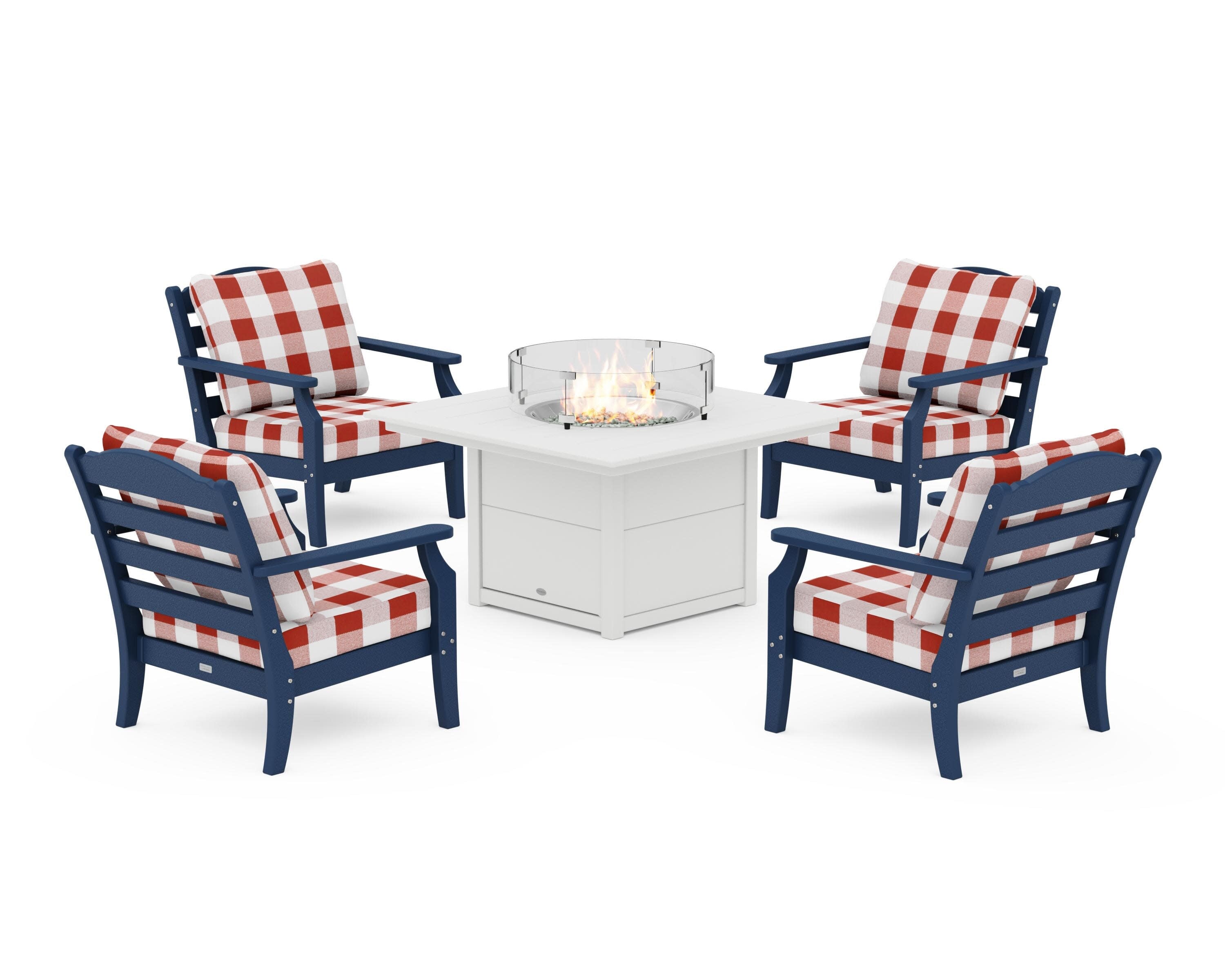 Savannah 5-Piece Deep Seating Set with Fire Pit Table in Navy / Buffalo Plaid Crimson