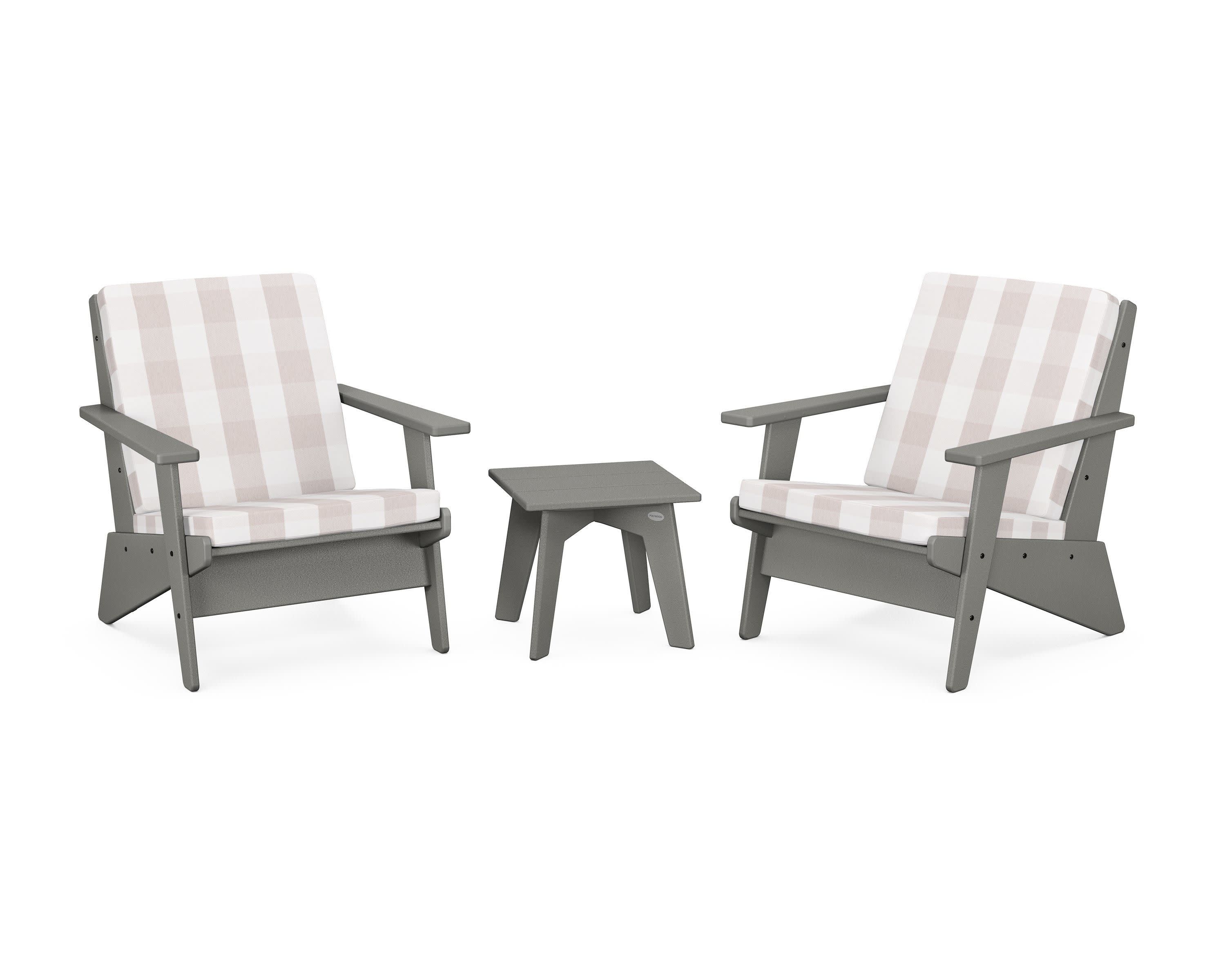 Riviera Modern Lounge 3-Piece Set in Slate Grey / Buffalo Plaid Dune Burlap