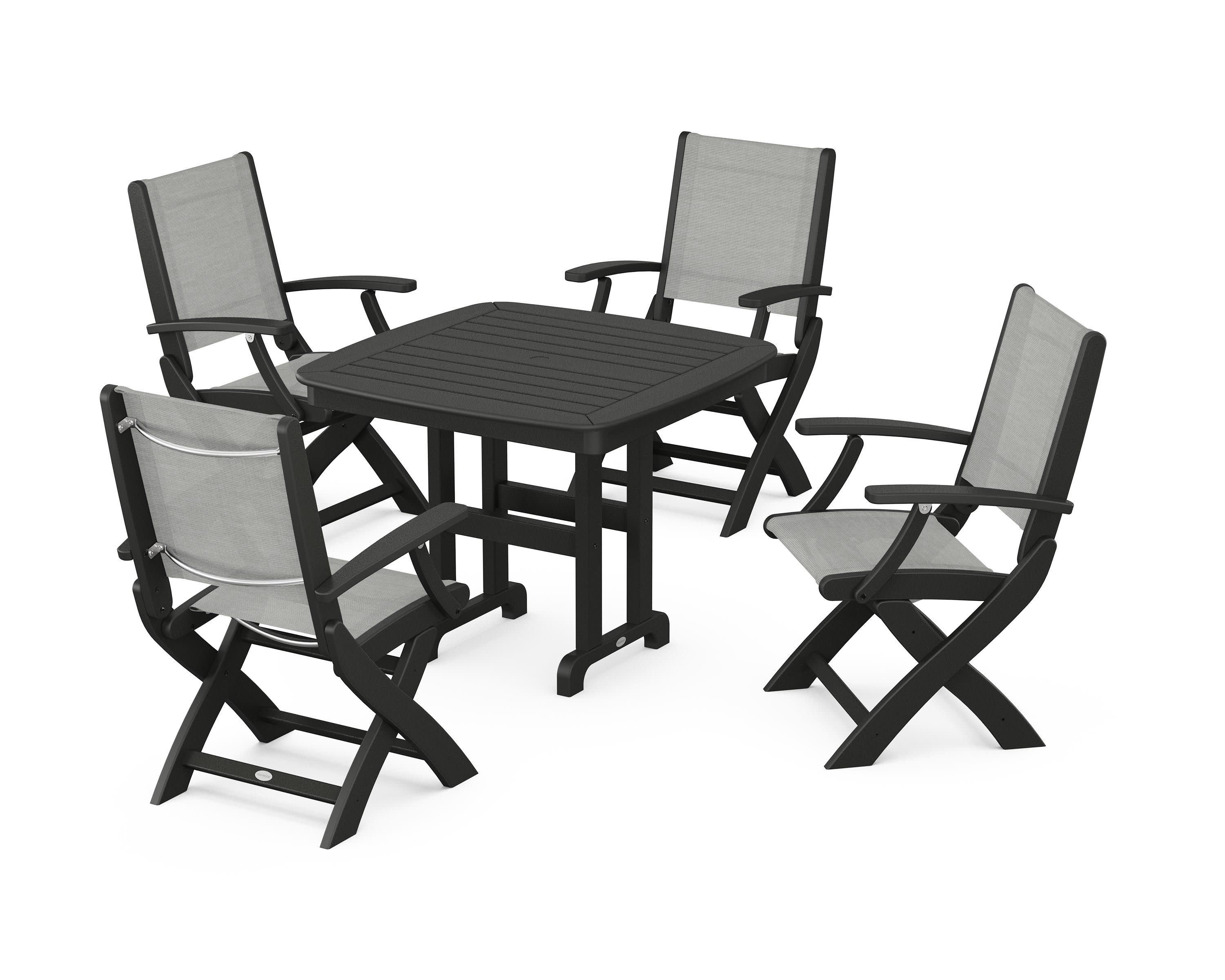 Coastal Folding Chair 5-Piece Dining Set in Black / Metallic Sling