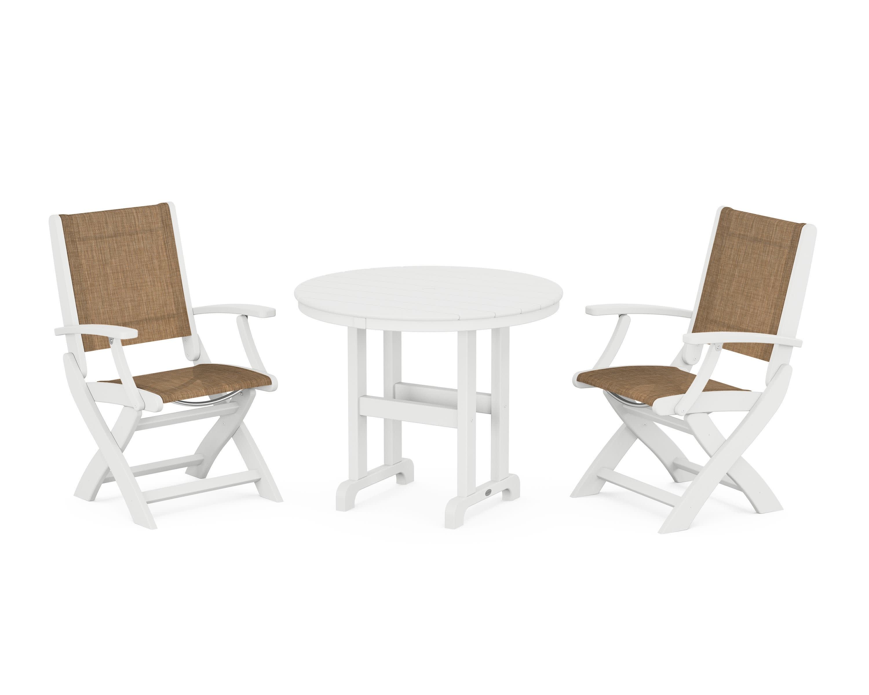 Coastal Folding Chair 3-Piece Round Dining Set in White / Burlap Sling