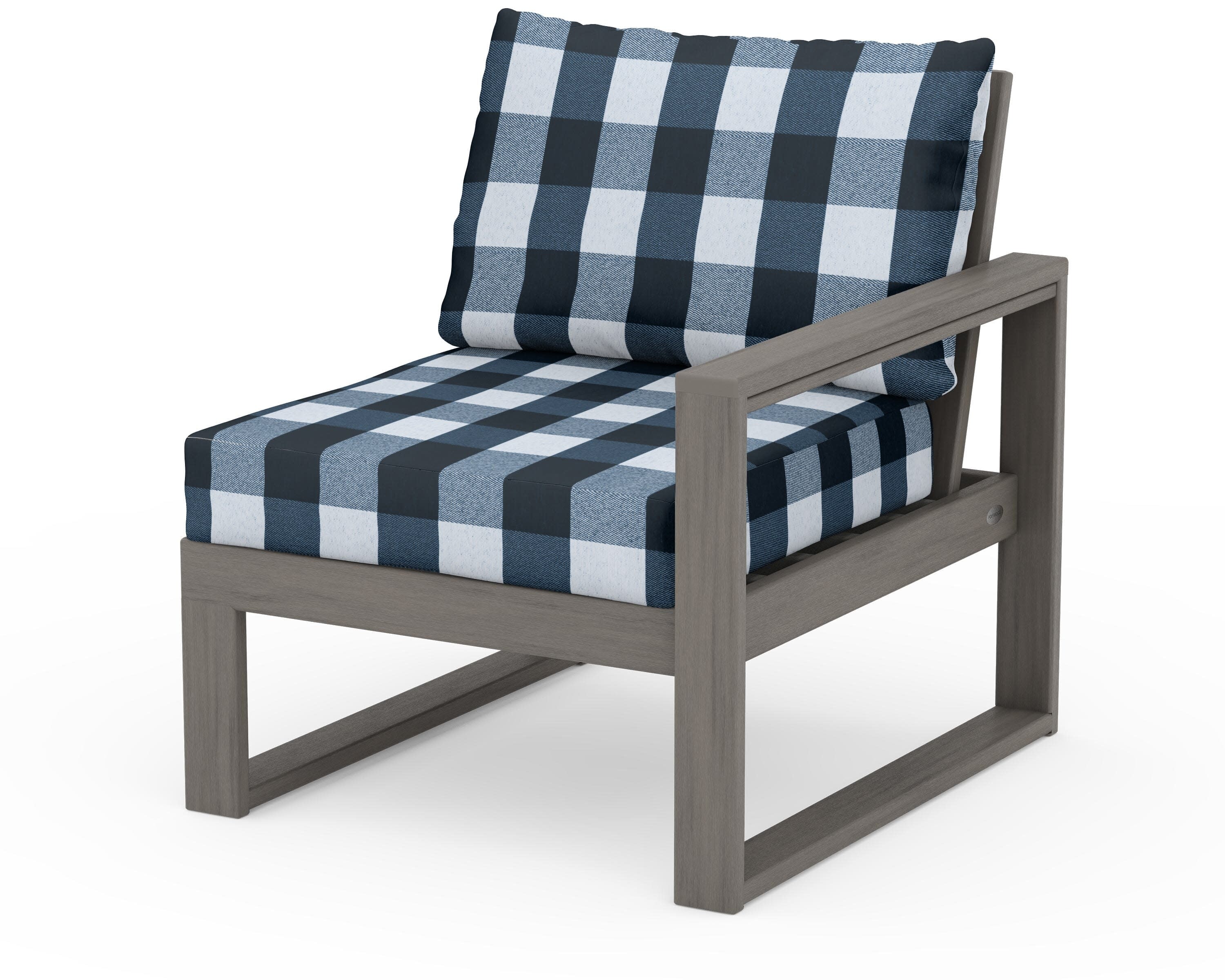 EDGE Modular Right Arm Chair in Driftwood / Buffalo Plaid Marine Indigo