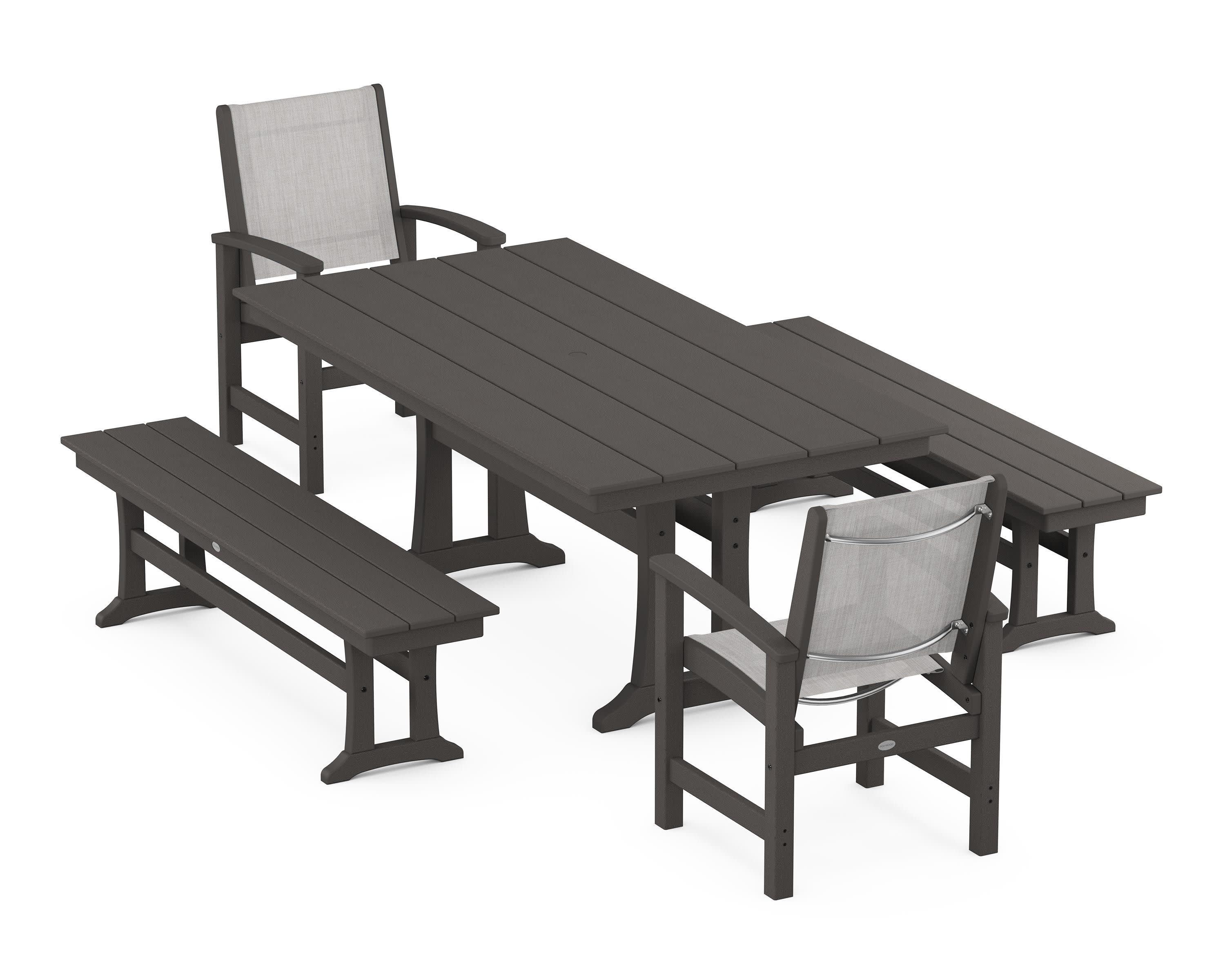 Coastal 5-Piece Farmhouse Dining Set with Trestle Legs and Benches in Vintage Coffee / Parchment Sling