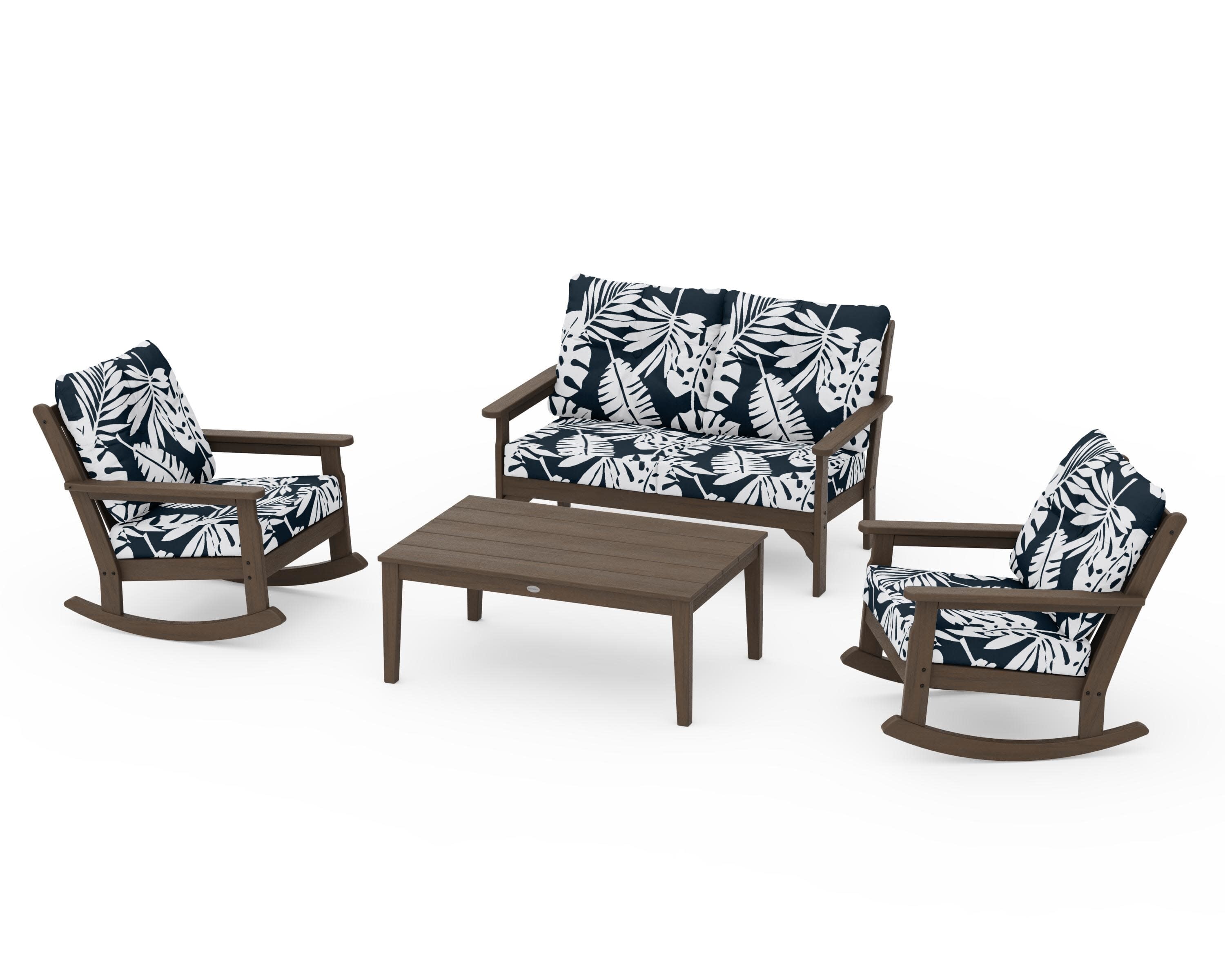 Vineyard 4-Piece Deep Seating Rocking Chair Set in Kona / Leaf Marine Indigo