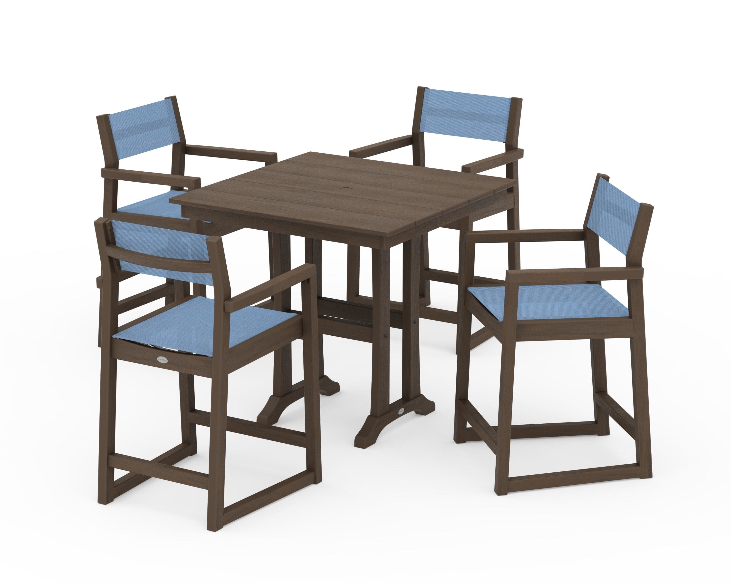 EDGE Sling Arm Chair 5-Piece Farmhouse Counter Set with Trestle Legs in Kona / Poolside Sling