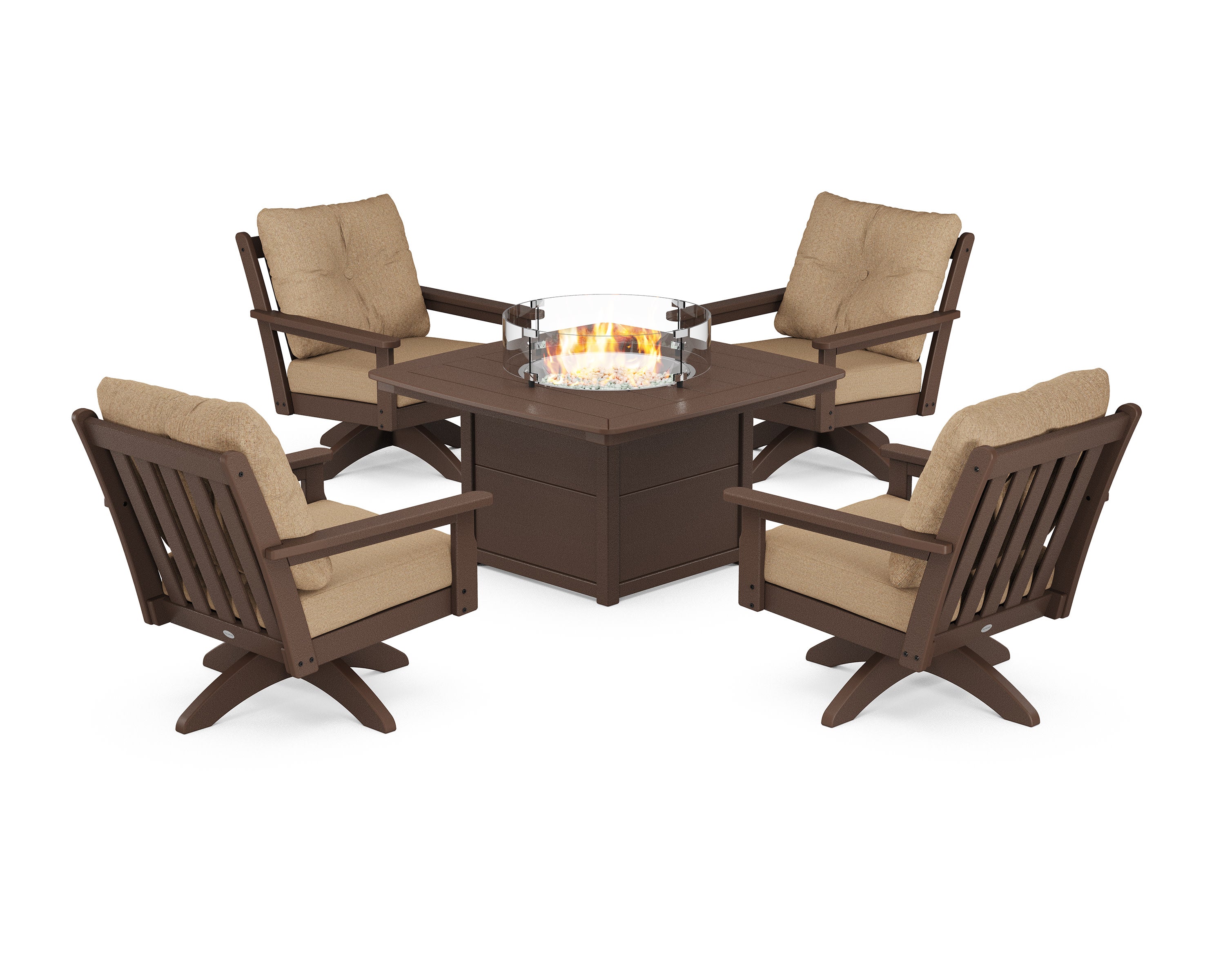 Vineyard 5-Piece Deep Seating Swivel Conversation Set with Fire Pit Table in Mahogany / Sesame
