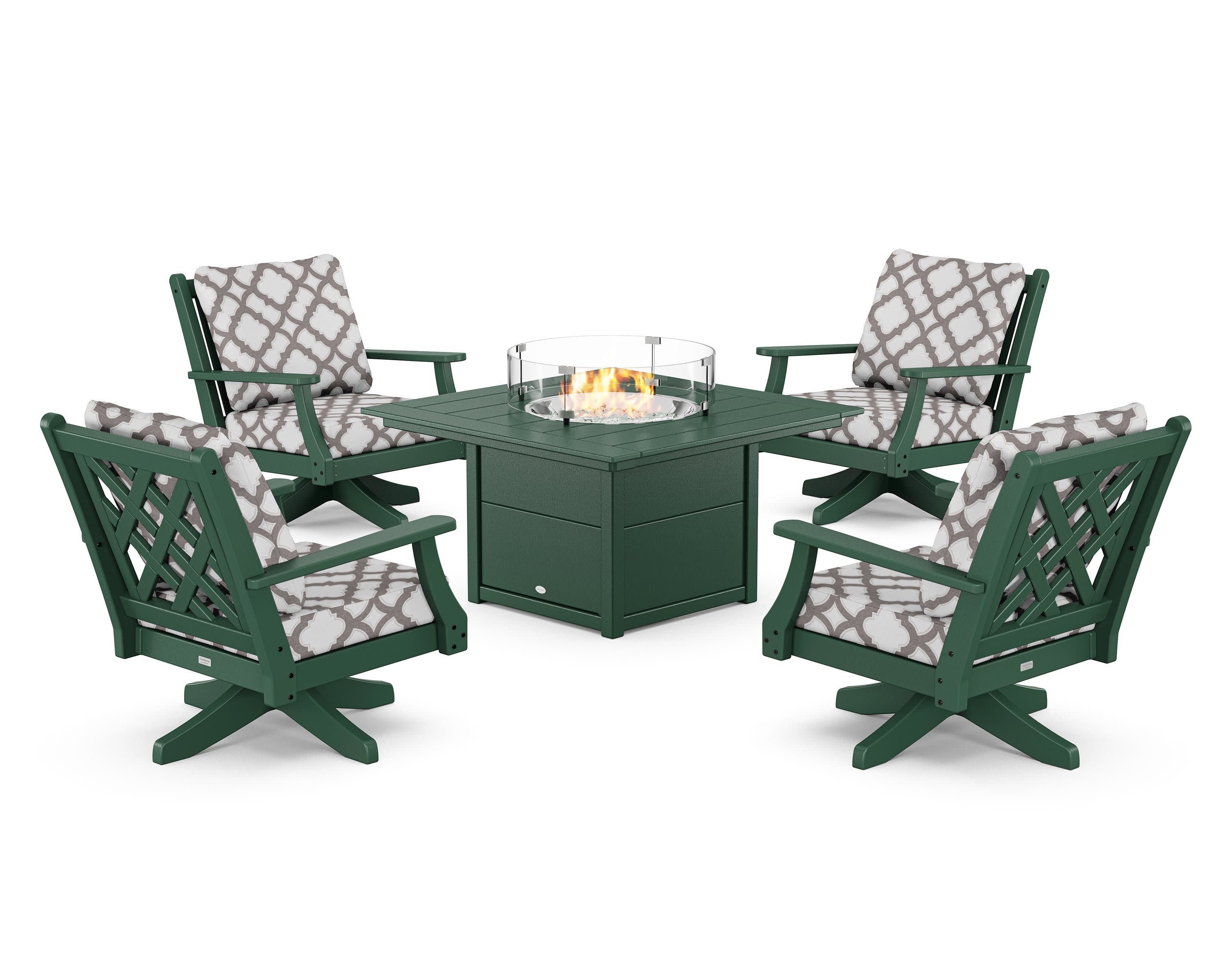 Wovendale 5-Piece Deep Seating Swivel Conversation Set with Fire Pit Table in Green / Trellis Grey Mist