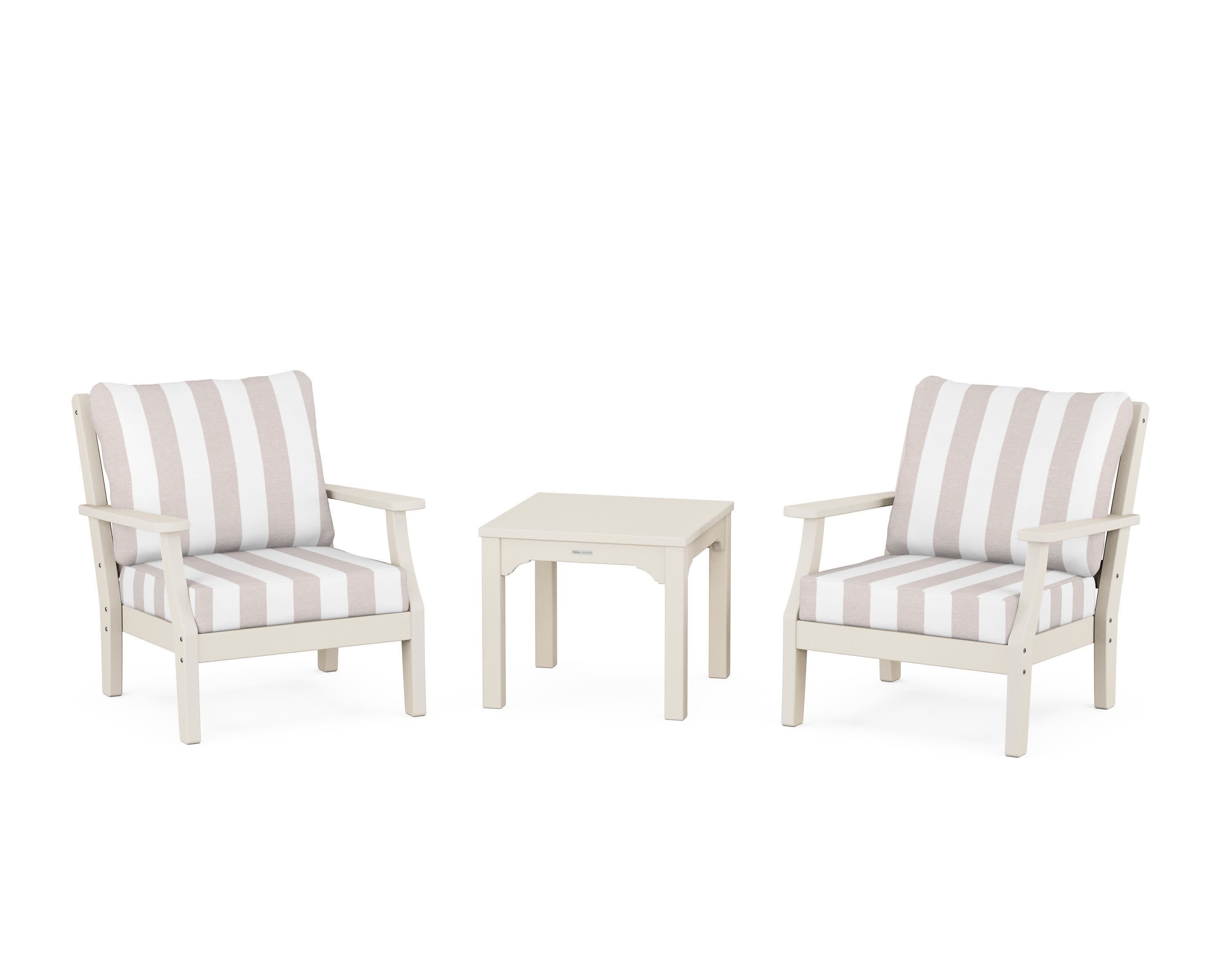 Chinoiserie 3-Piece Deep Seating Set in Sand / Cabana Stripe Dune Burlap