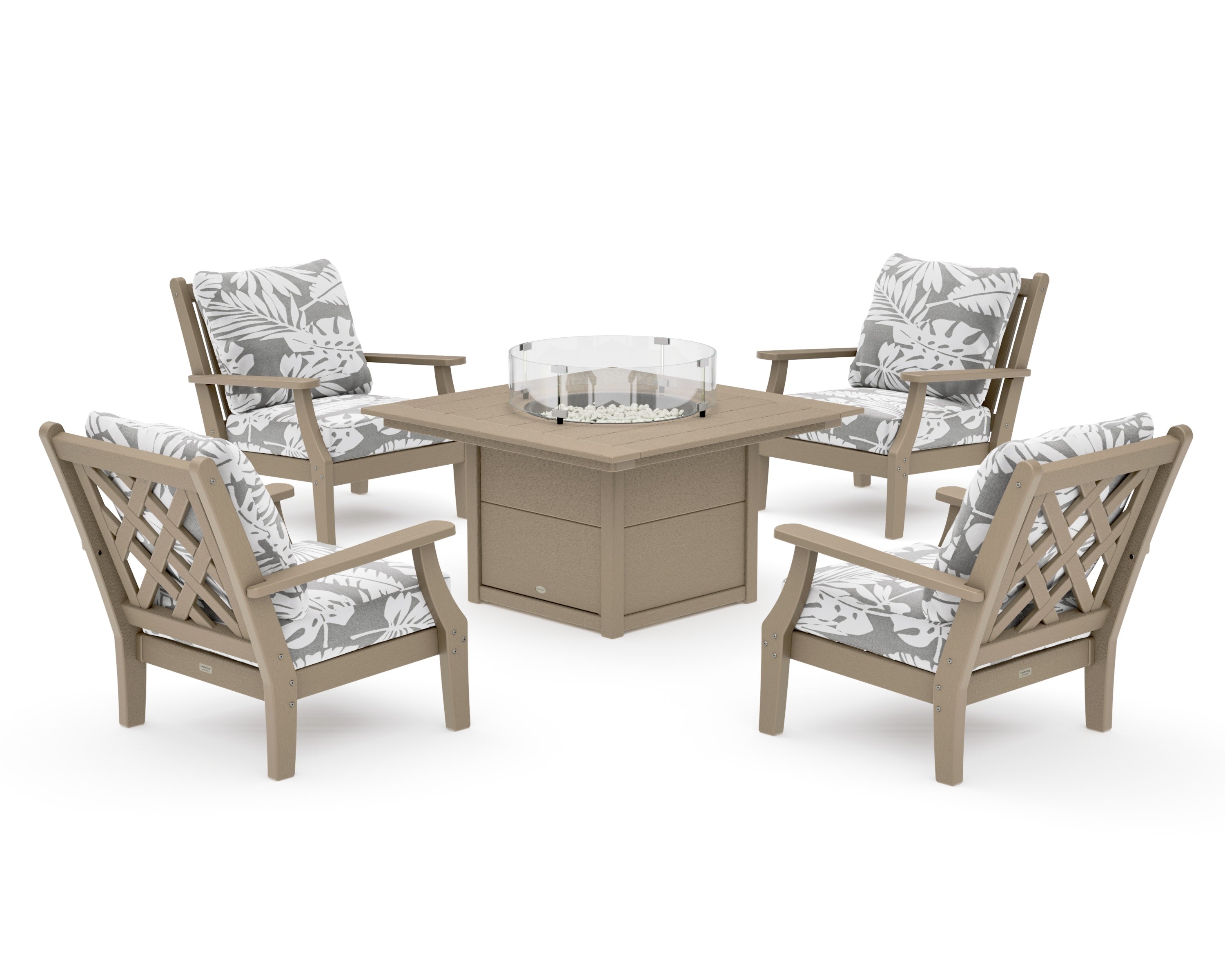 Wovendale 5-Piece Deep Seating Set with Fire Pit Table in Vintage Sahara / Leaf Grey Mist