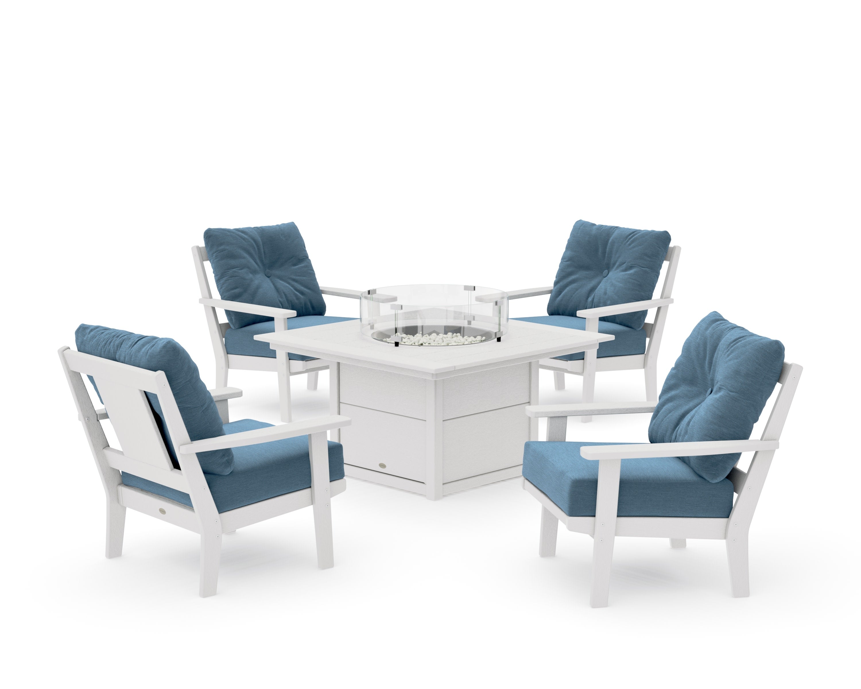 Prairie 5-Piece Deep Seating Set with Fire Pit Table in Vintage White / Sky Blue