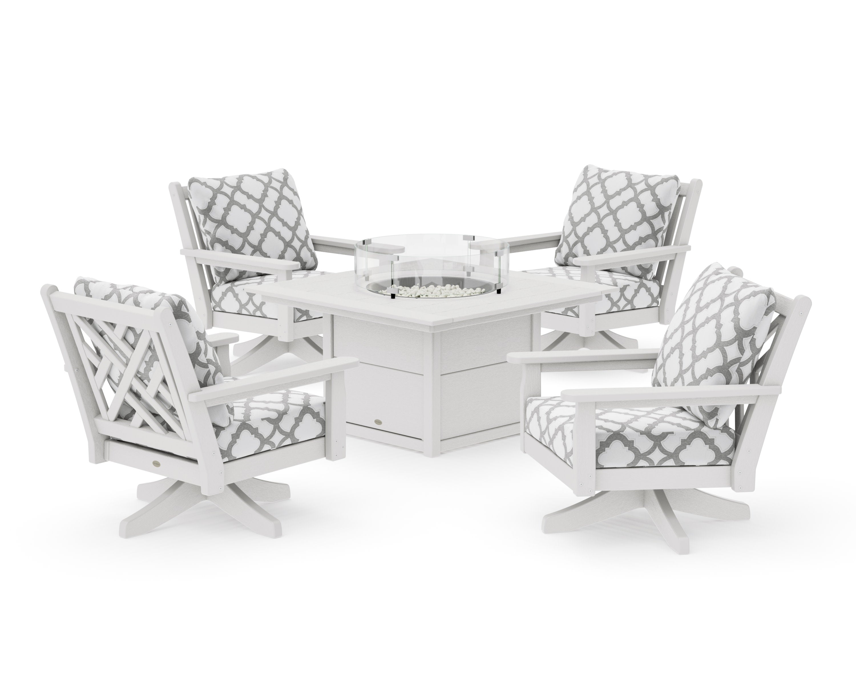 Chippendale 5-Piece Deep Seating Swivel Conversation Set with Fire Pit Table in Vintage White / Trellis Grey Mist