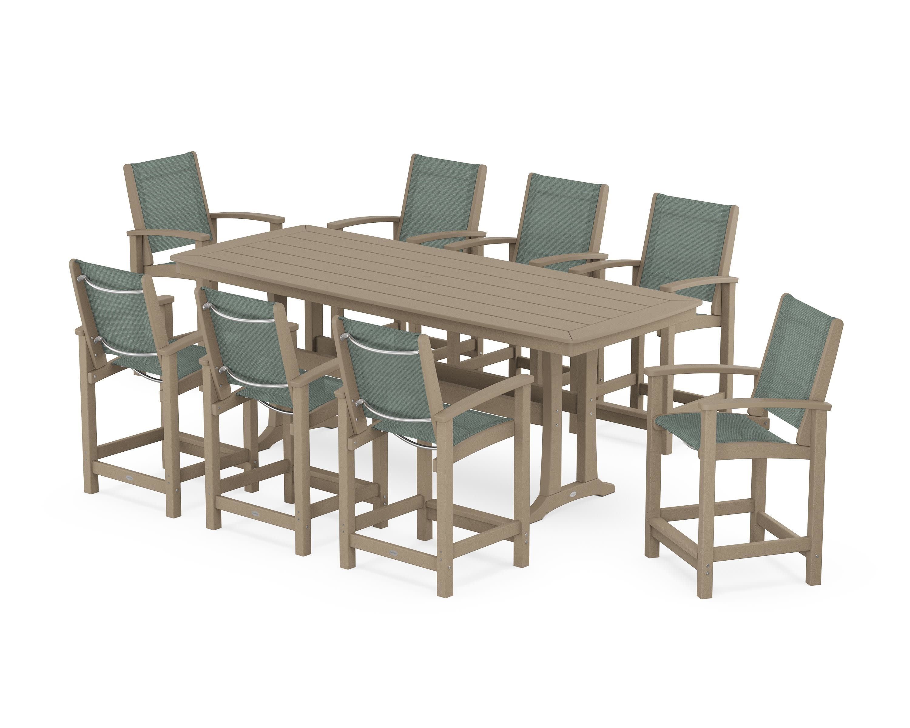 Coastal 9-Piece Counter Set with Trestle Legs in Vintage Sahara / Dupioni Sea Mist Sling