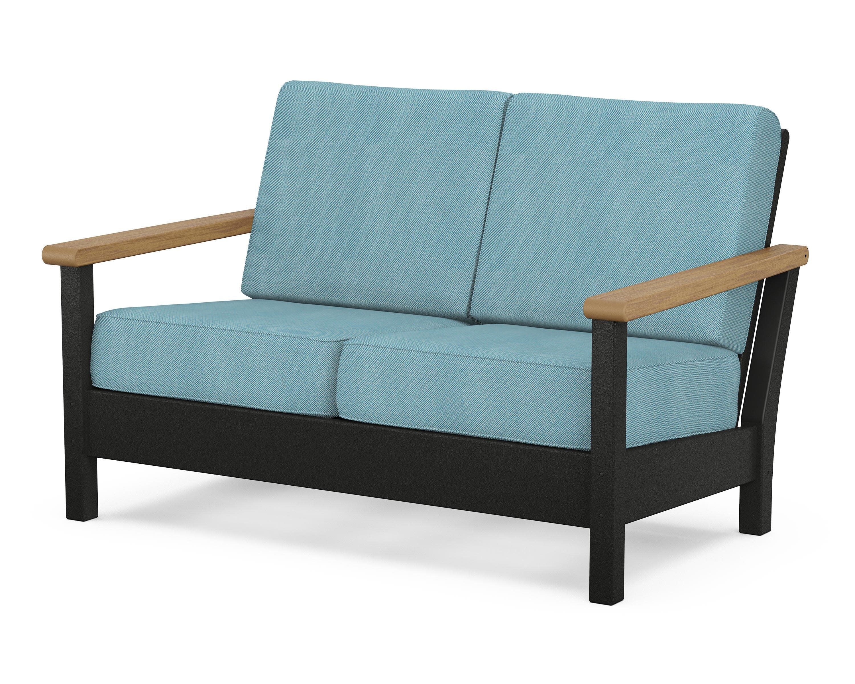 Harbour Deep Seating Loveseat in Black / Natural / Lattice Sky Blue