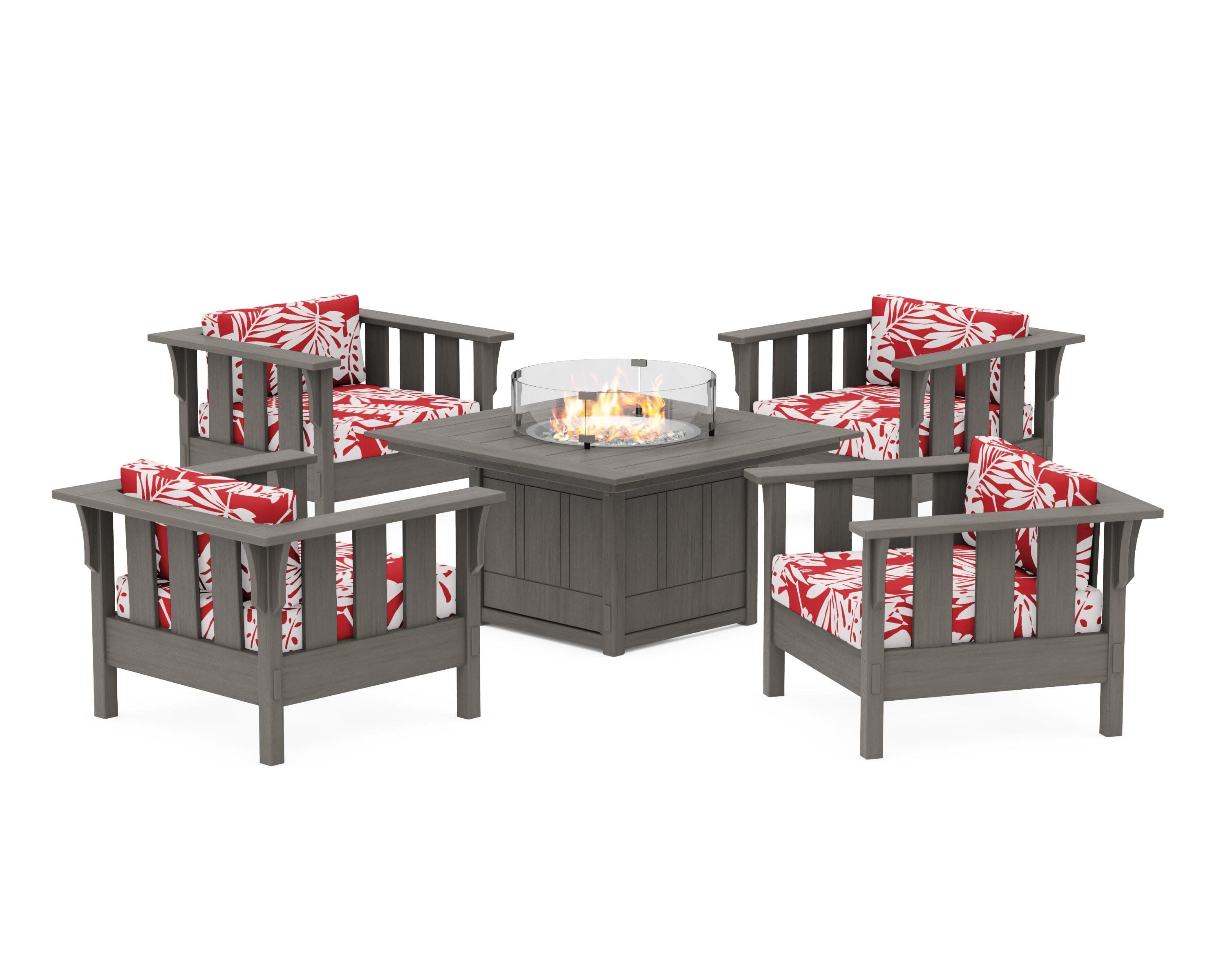 Acadia 5-Piece Deep Seating Set with Fire Pit Table in Driftwood / Leaf Crimson