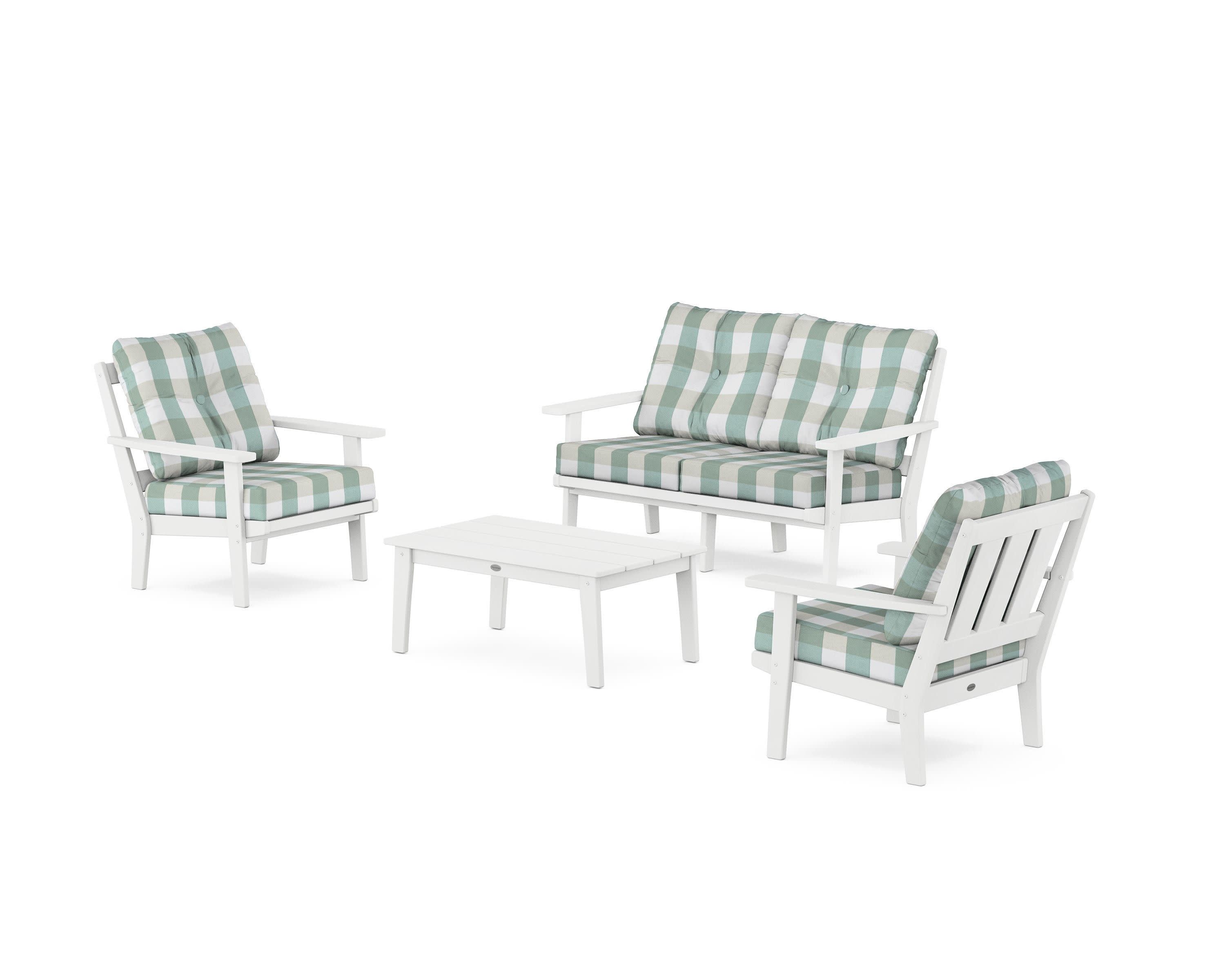 Oxford 4-Piece Deep Seating Set with Loveseat in White / Buffalo Plaid Glacier Spa