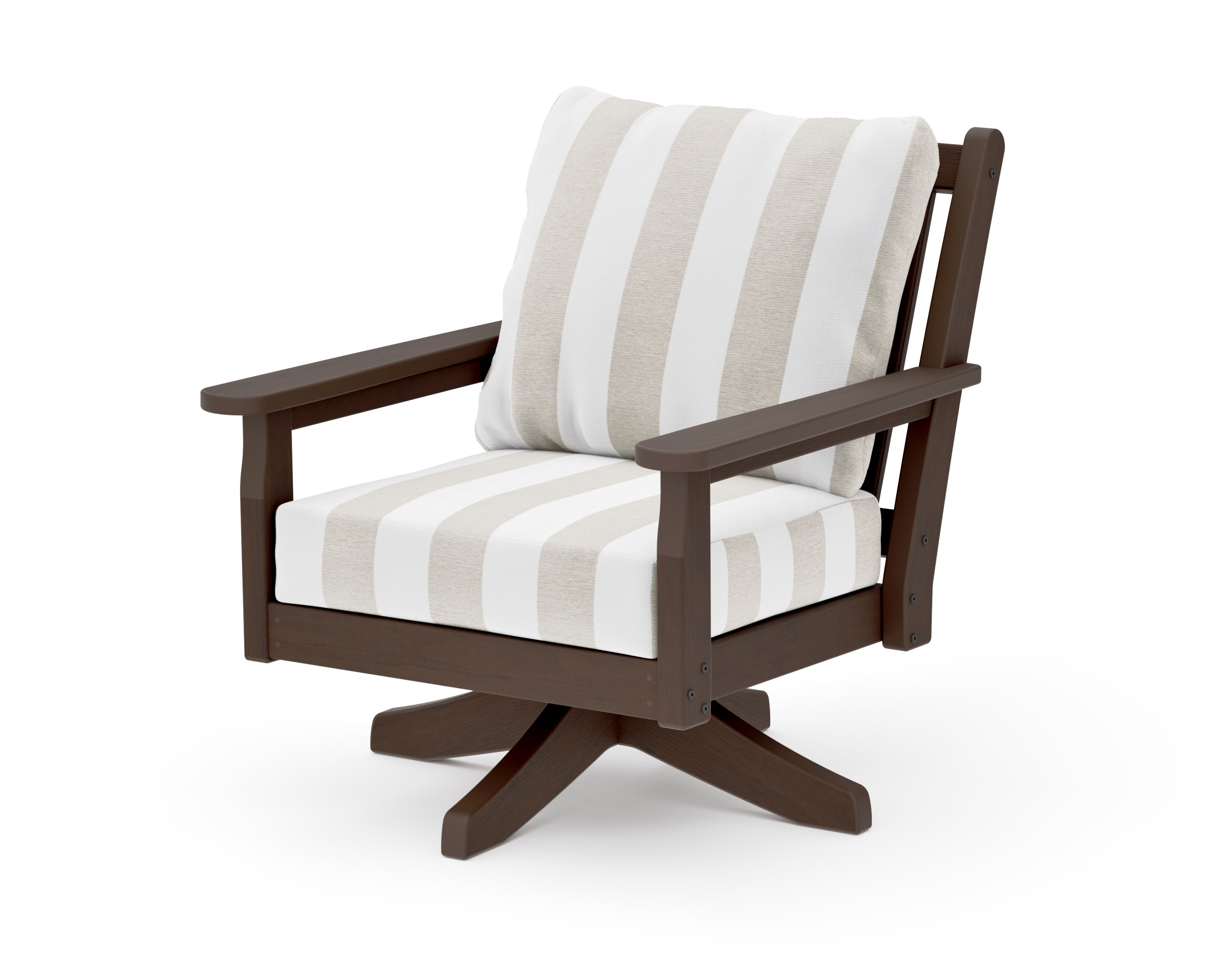 Chippendale Deep Seating Swivel Chair in Kona / Cabana Stripe Dune Burlap