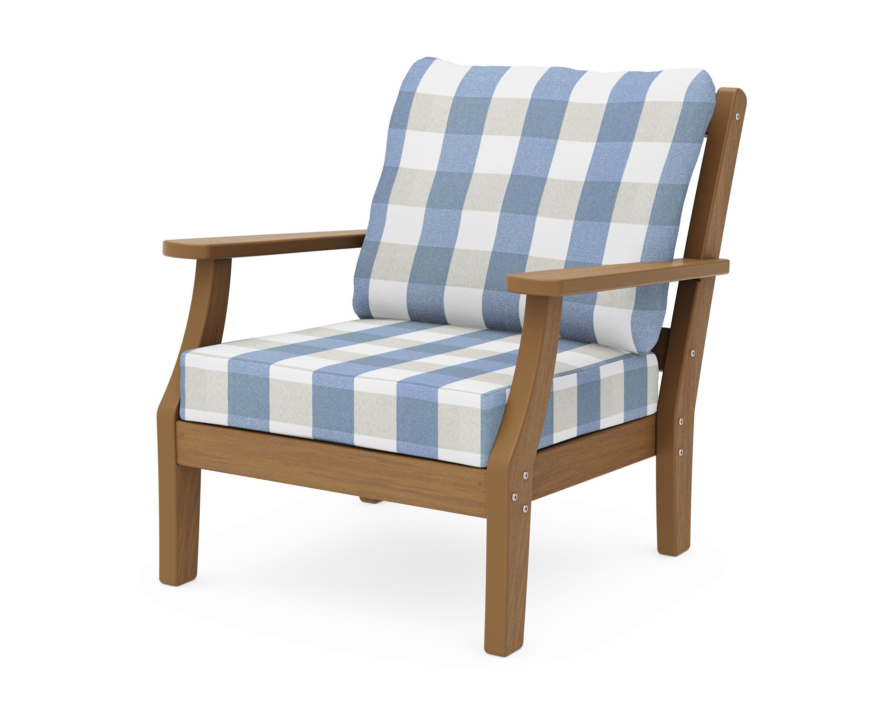 Chinoiserie Deep Seating Chair in Natural / Buffalo Plaid Sky Blue