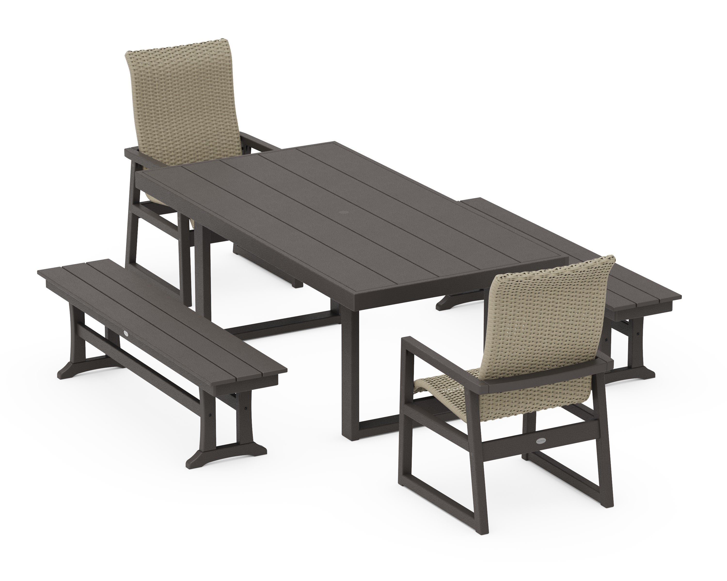 EDGE Woven Highback 5-Piece Dining Set with Benches in Vintage Coffee / Dune Grass