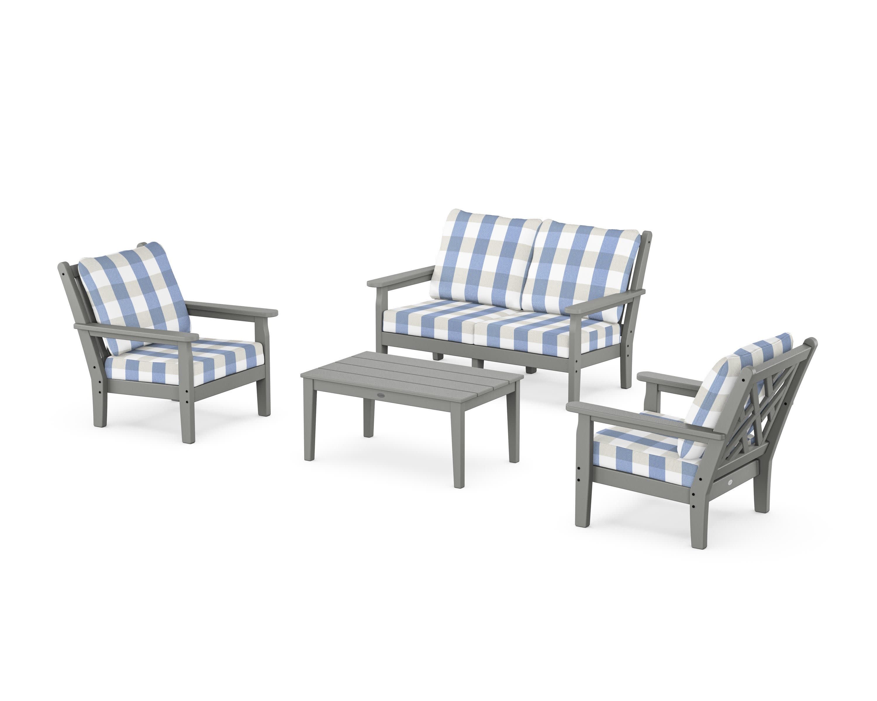 Chippendale 4-Piece Deep Seating Set with Loveseat in Slate Grey / Buffalo Plaid Sky Blue
