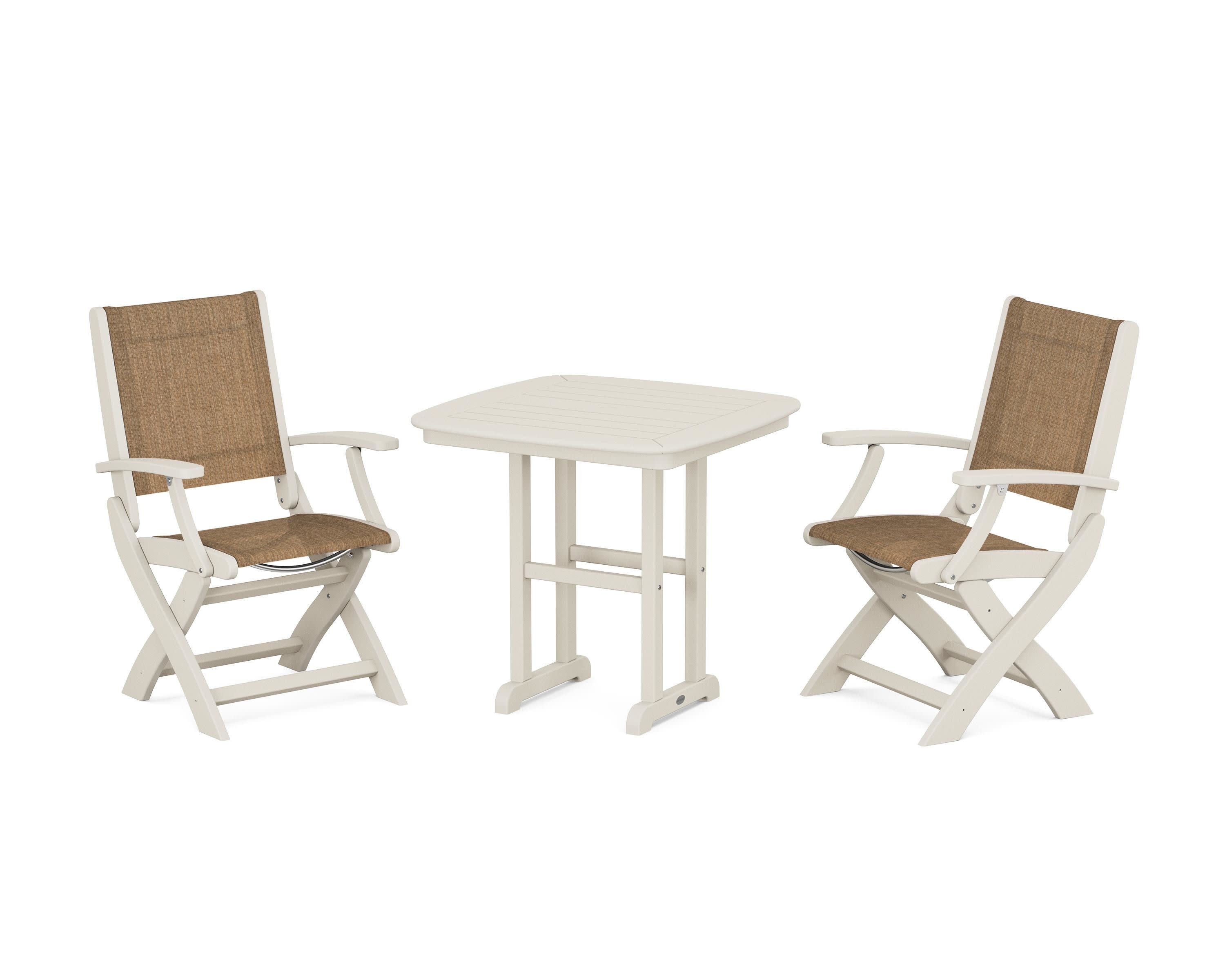 Coastal Folding Chair 3-Piece Dining Set in Sand / Burlap Sling