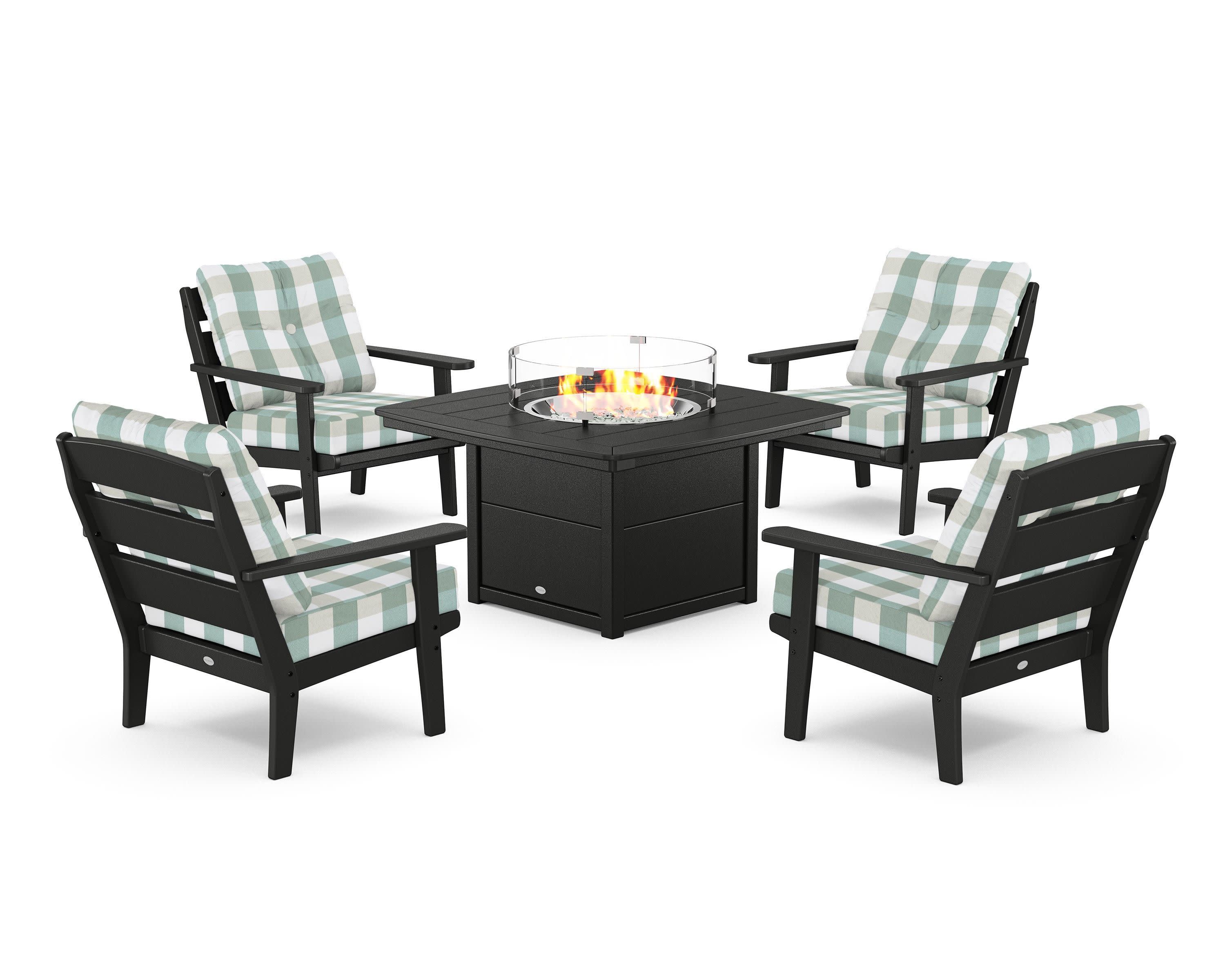 Lakeside 5-Piece Deep Seating Set with Nautical Fire Pit Table in Black / Buffalo Plaid Glacier Spa