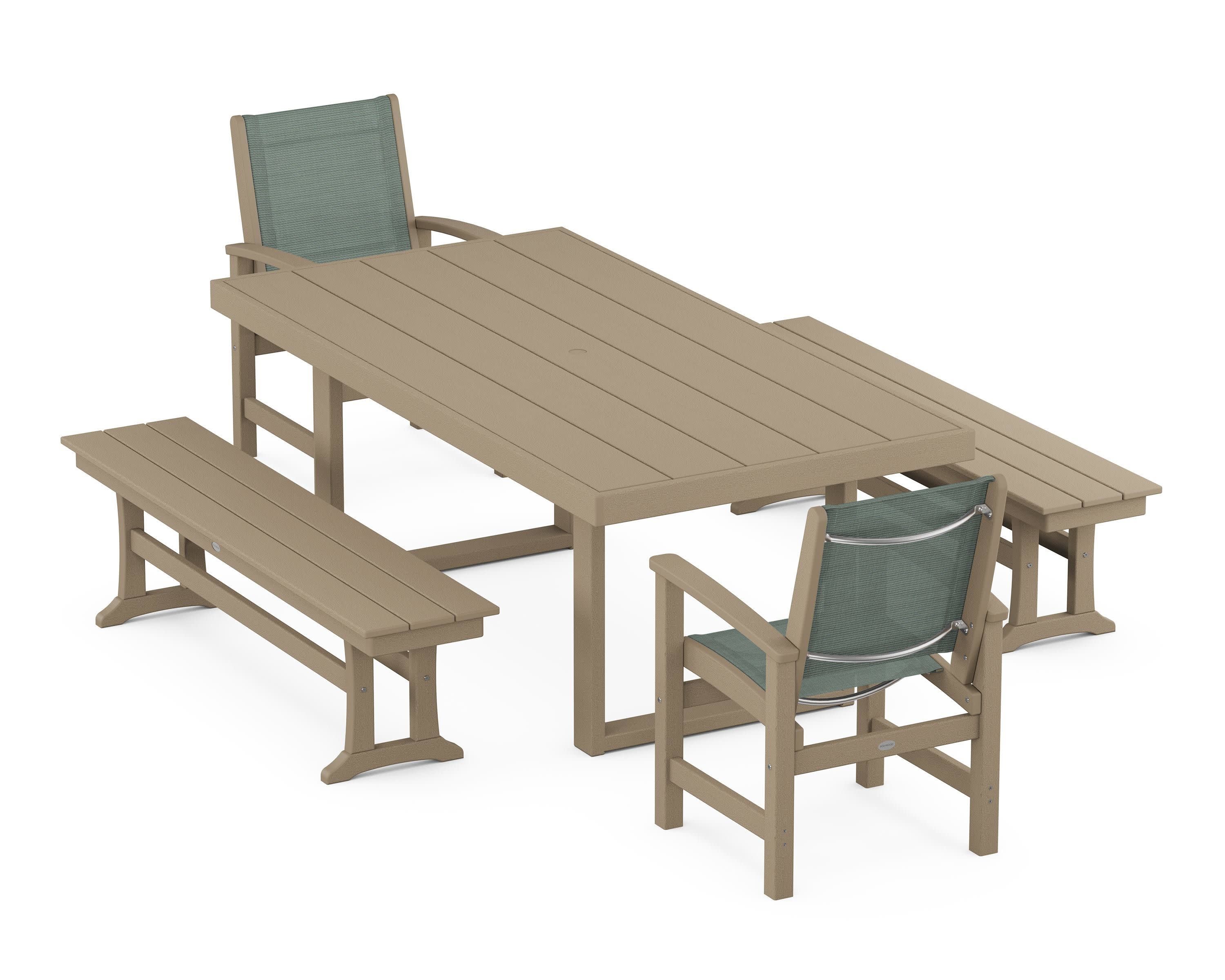 Coastal 5-Piece Dining Set with Trestle Legs in Vintage Sahara / Dupioni Sea Mist Sling