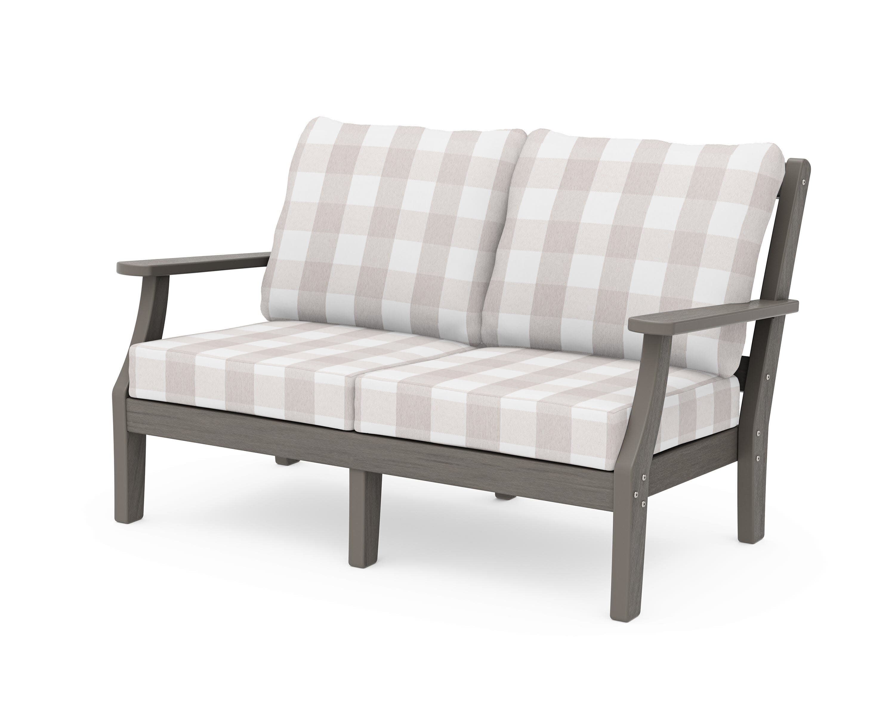 Chinoiserie Deep Seating Loveseat in Driftwood / Buffalo Plaid Dune Burlap