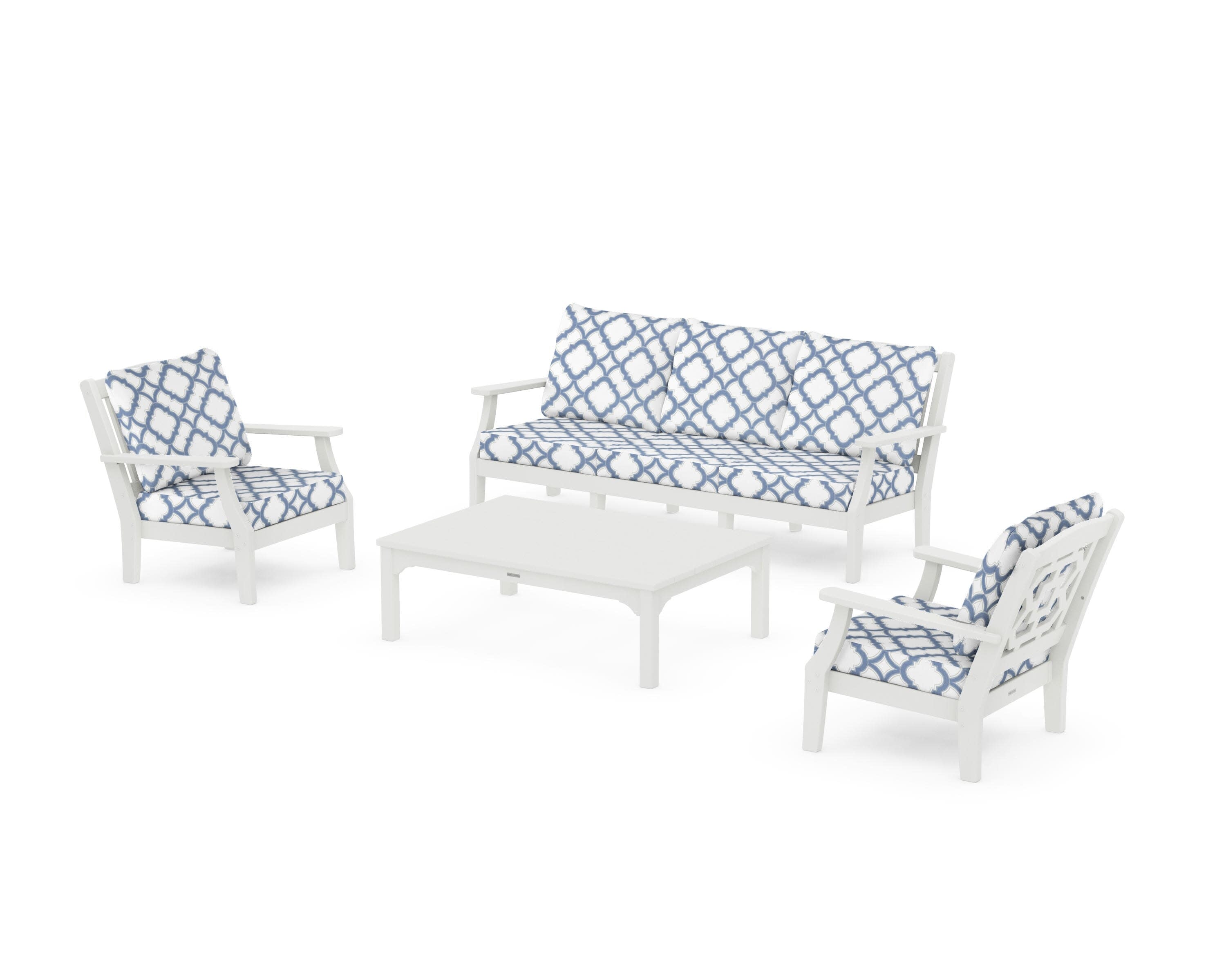 Chinoiserie 4-Piece Deep Seating Set with Sofa in Vintage White / Trellis Sky Blue