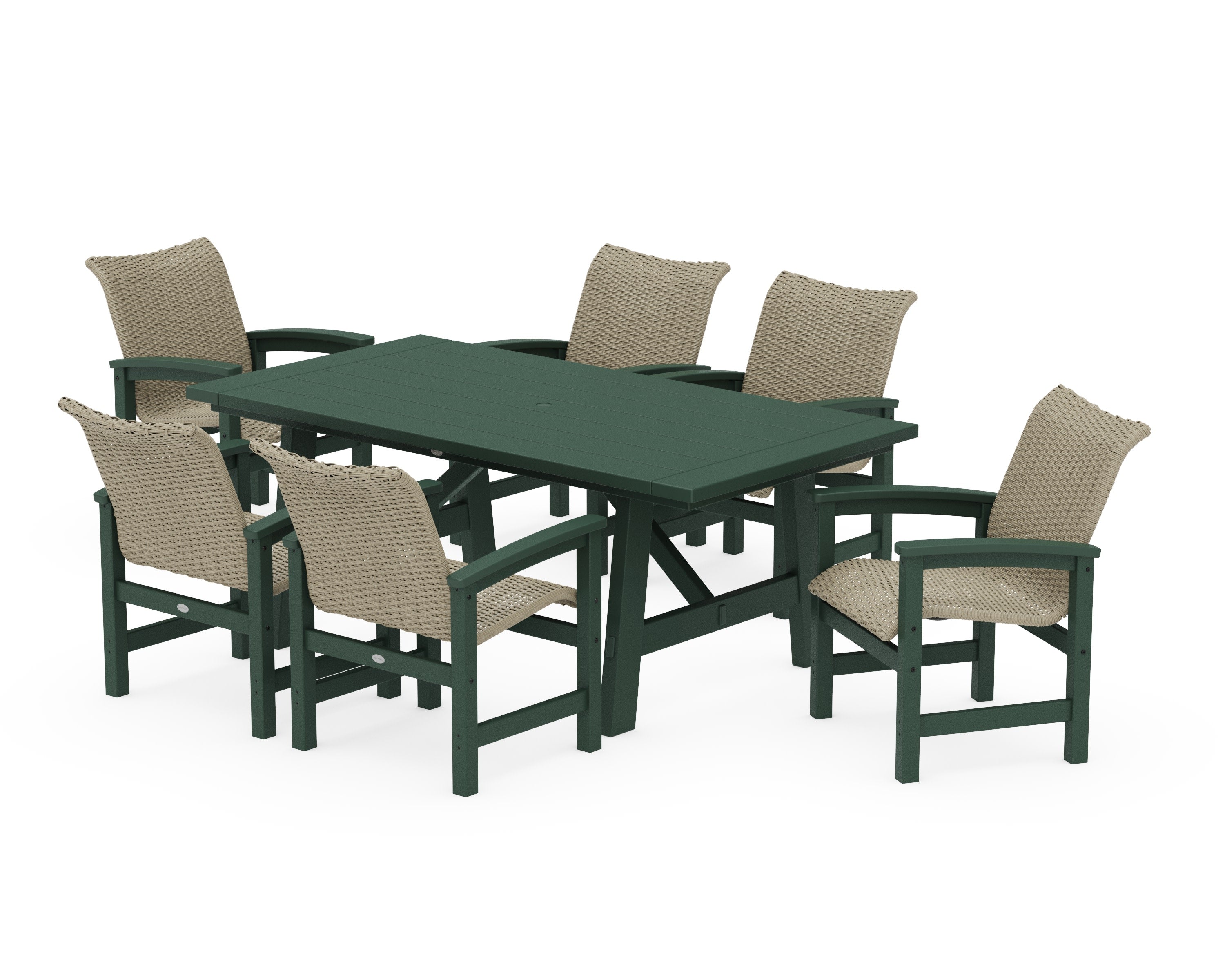 Coastal Woven Arm Chair 7-Piece Rustic Farmhouse Dining Set in Green / Dune Grass
