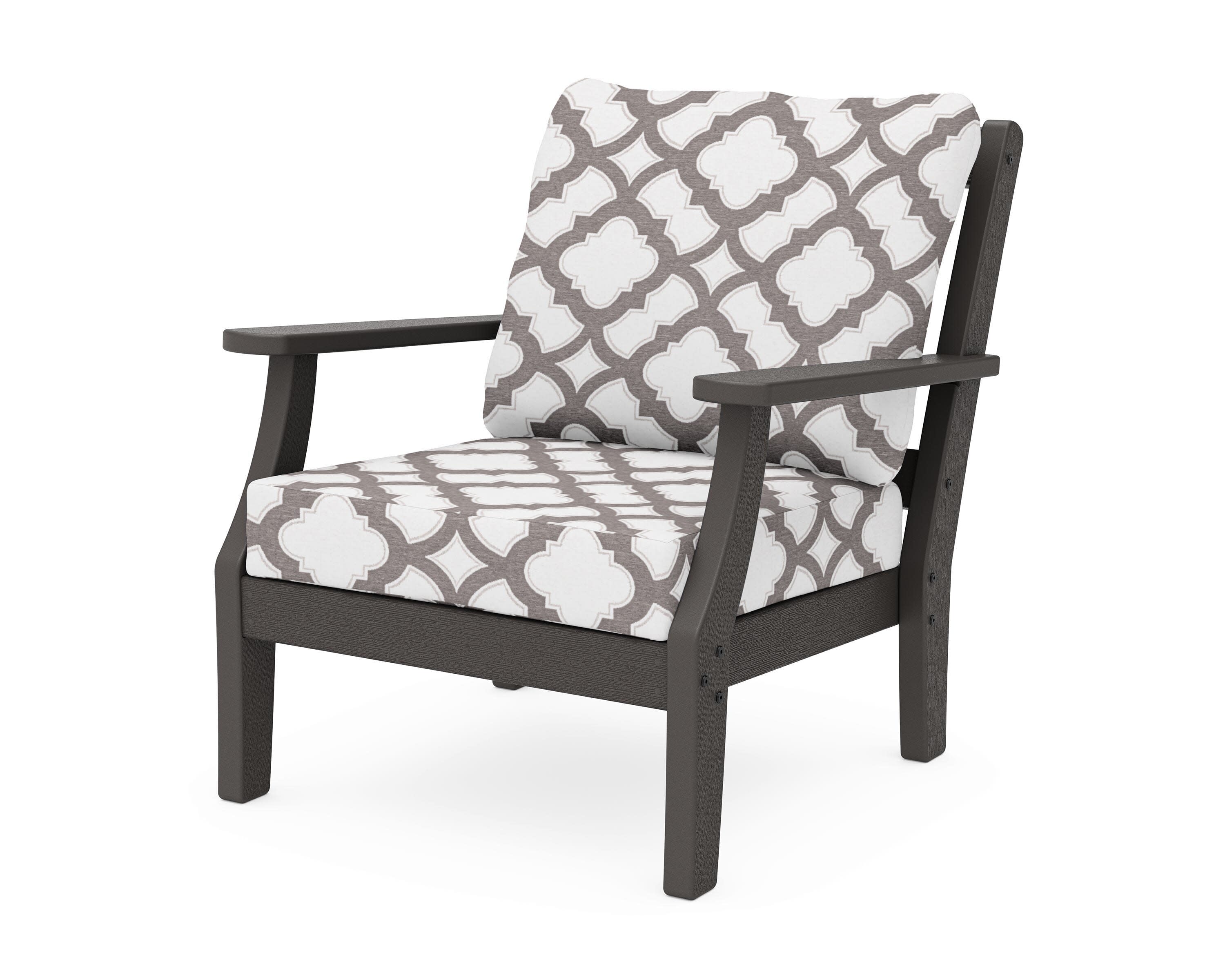 Chinoiserie Deep Seating Chair in Vintage Coffee / Trellis Grey Mist