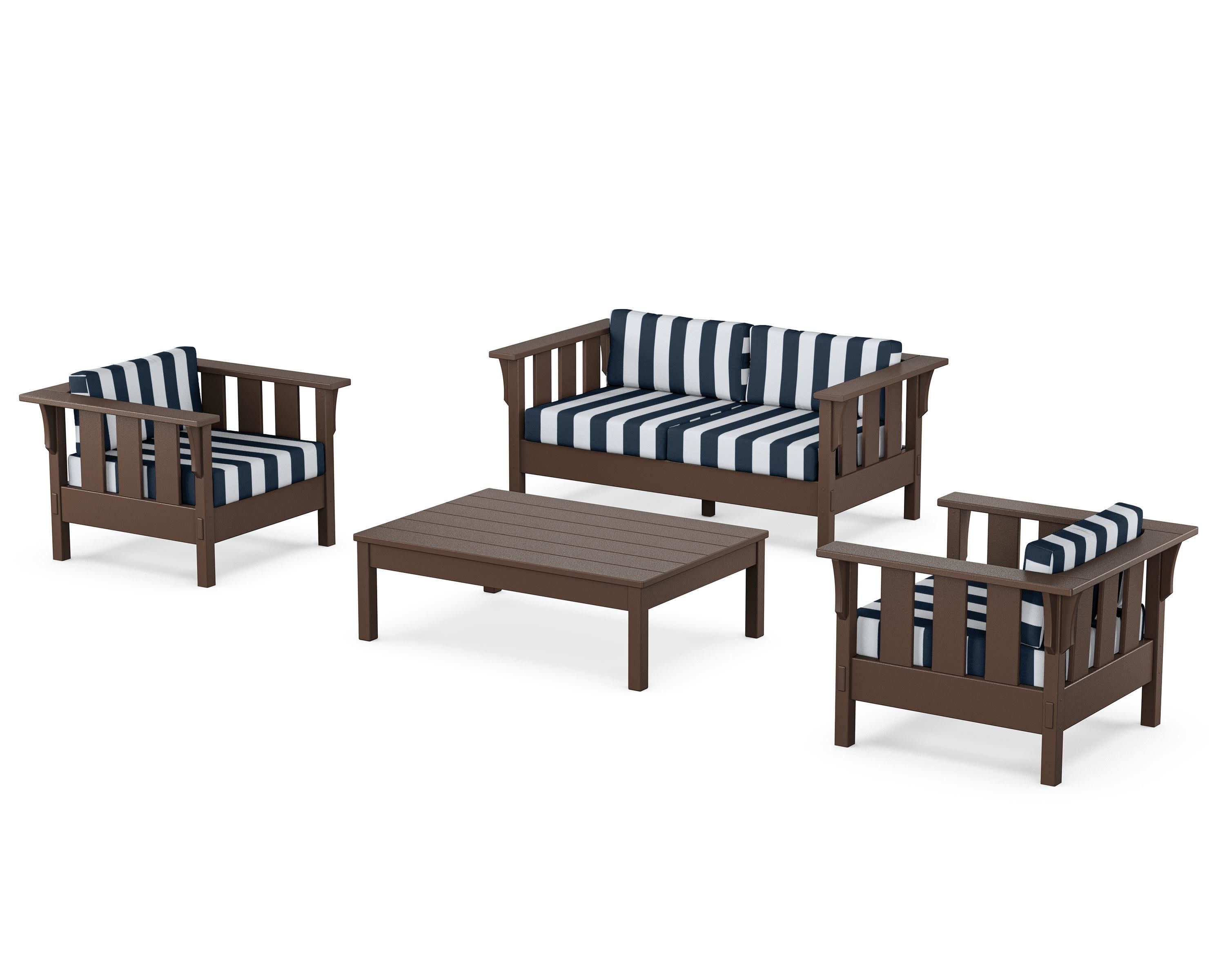 Acadia 4-Piece Deep Seating Set with Loveseat in Mahogany / Cabana Stripe Marine Indigo