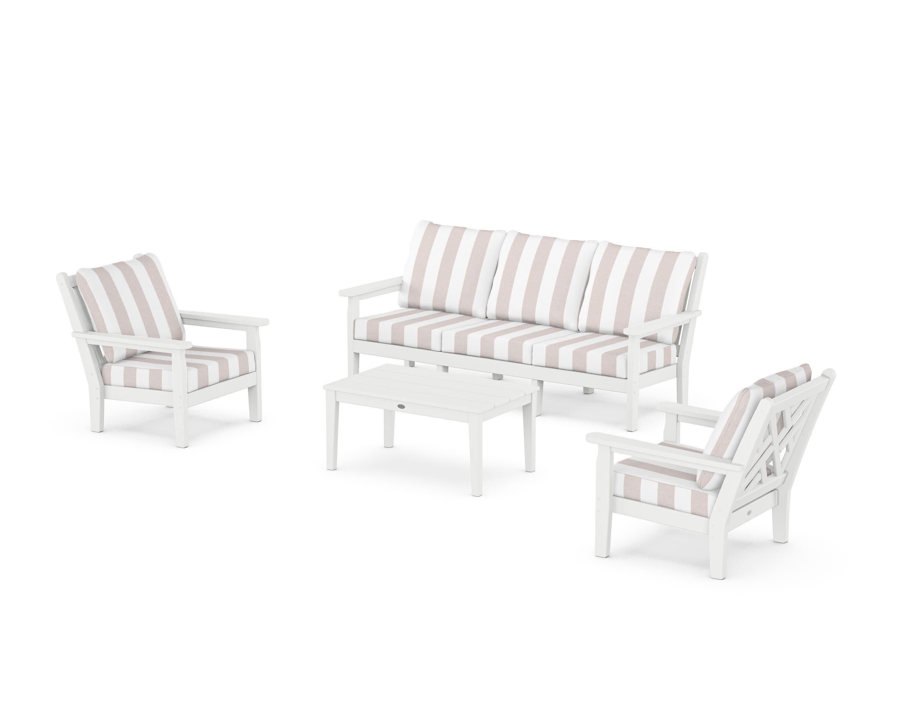 Chippendale 4-Piece Deep Seating Set with Sofa in White / Cabana Stripe Dune Burlap