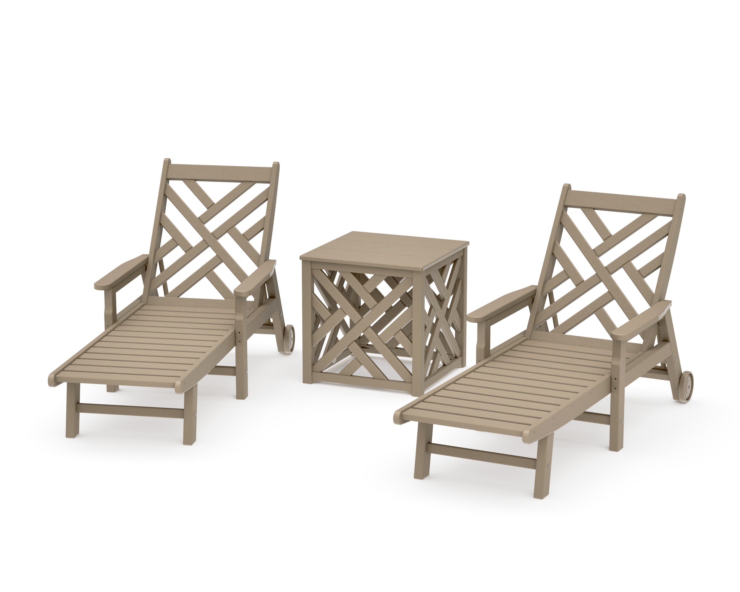 Chippendale 3-Piece Chaise Set with Umbrella Stand Accent Table in Vintage Sahara