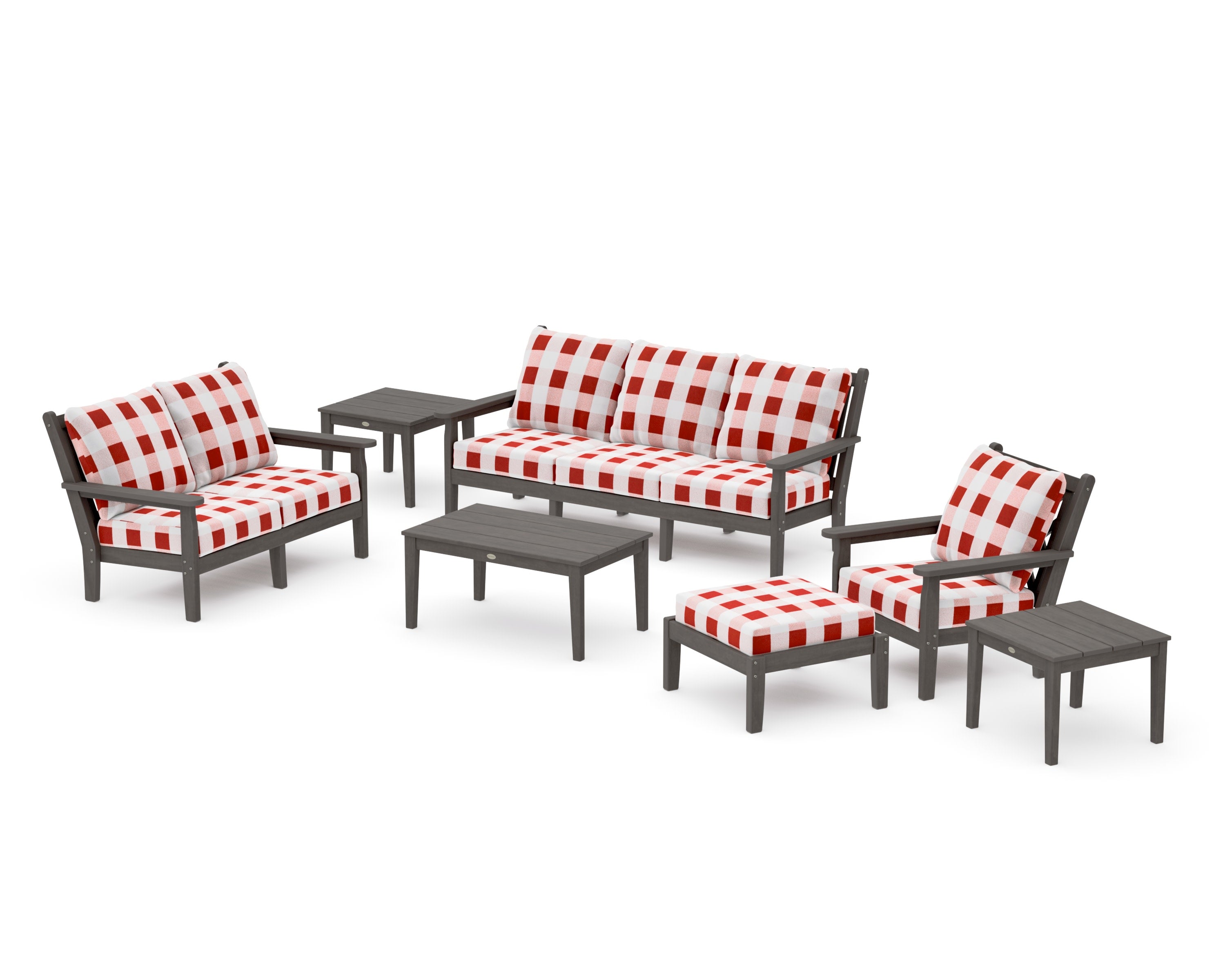Chippendale 7-Piece Deep Seating Set in Driftwood / Buffalo Plaid Crimson
